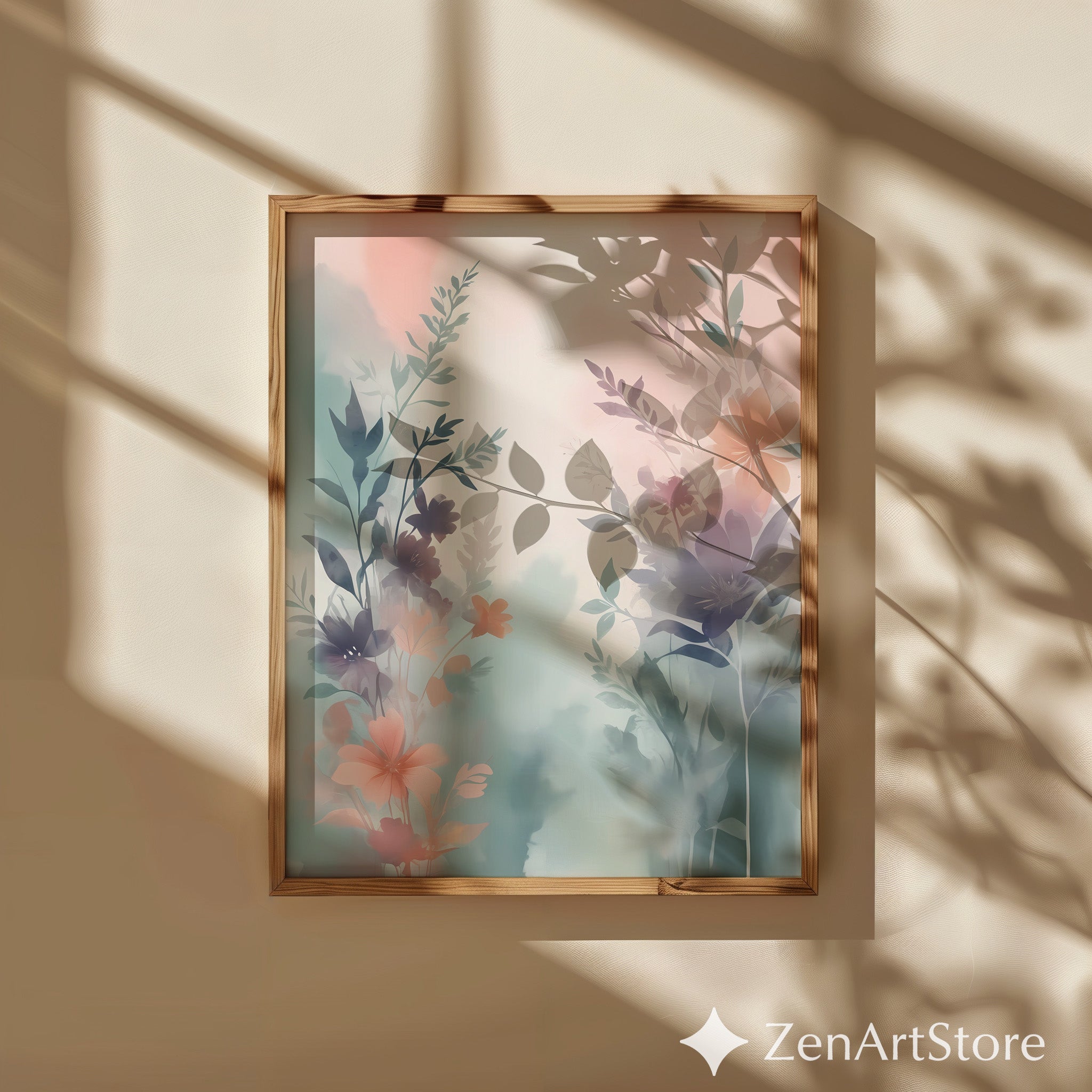 Pastel Botanical Watercolor Print - Soft Blush & Teal Floral Wall Art, Minimal Scandi Japandi Home Decor, Printable or Canvas