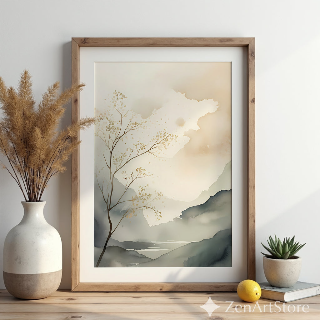 Calm Neutral Landscape Art Print - Minimal Japandi Wabi Sabi Botanical Wall Decor for Living Room & Bedroom