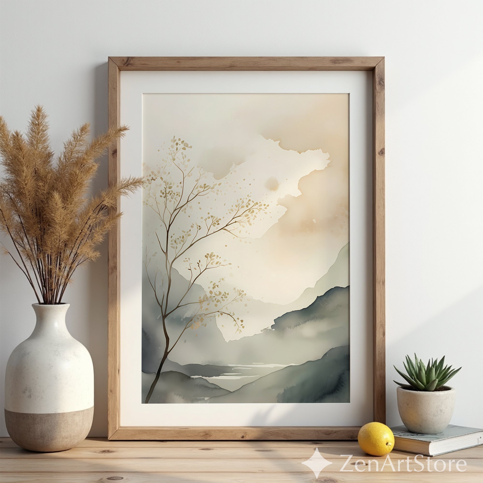 Calm Neutral Landscape Art Print - Minimal Japandi Wabi Sabi Botanical Wall Decor for Living Room & Bedroom