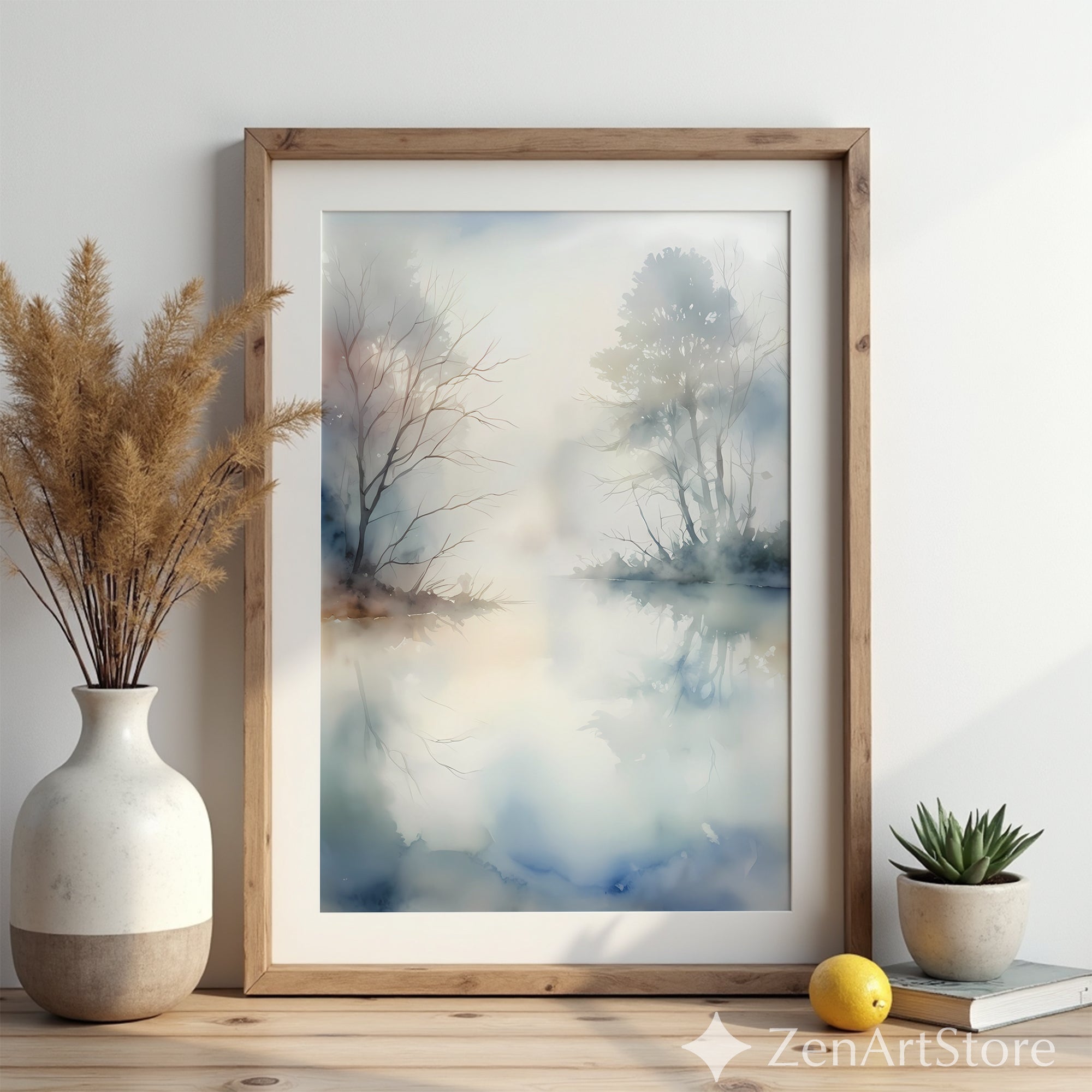 Misty Lake Watercolor Print - Neutral Zen Landscape Wall Art for Living Room, Japandi Minimalist Home Decor