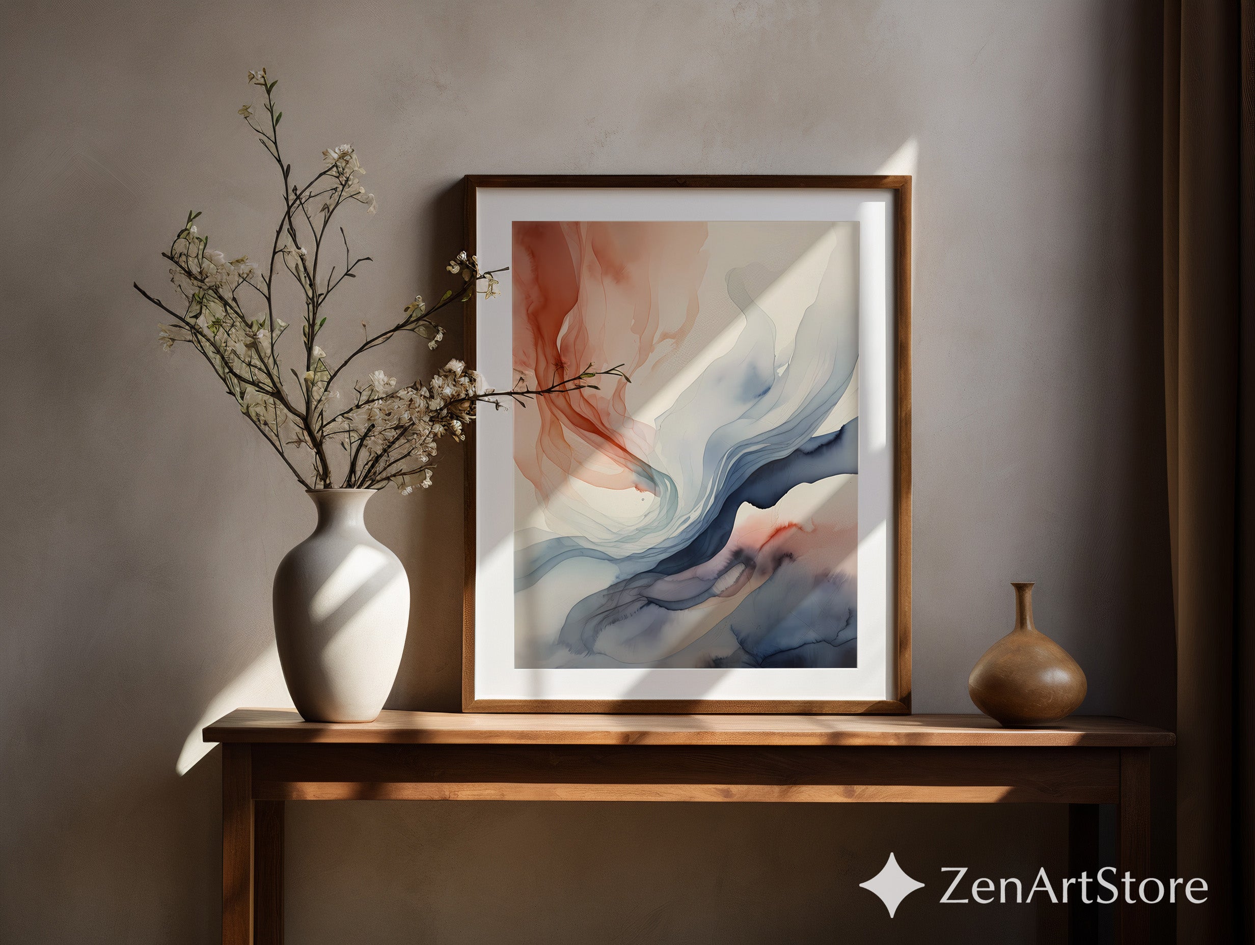 Abstract Fluid Art Print Terracotta and Blue - Minimal Japandi Wall Art, Neutral Modern Home Decor