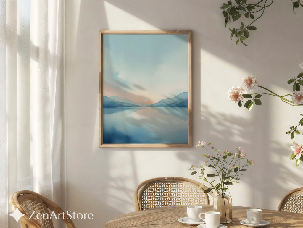 Minimal Blue Landscape Wall Art Calm Sunrise Lake Print - Japandi Scandinavian Abstract Printable & Framed Home Decor