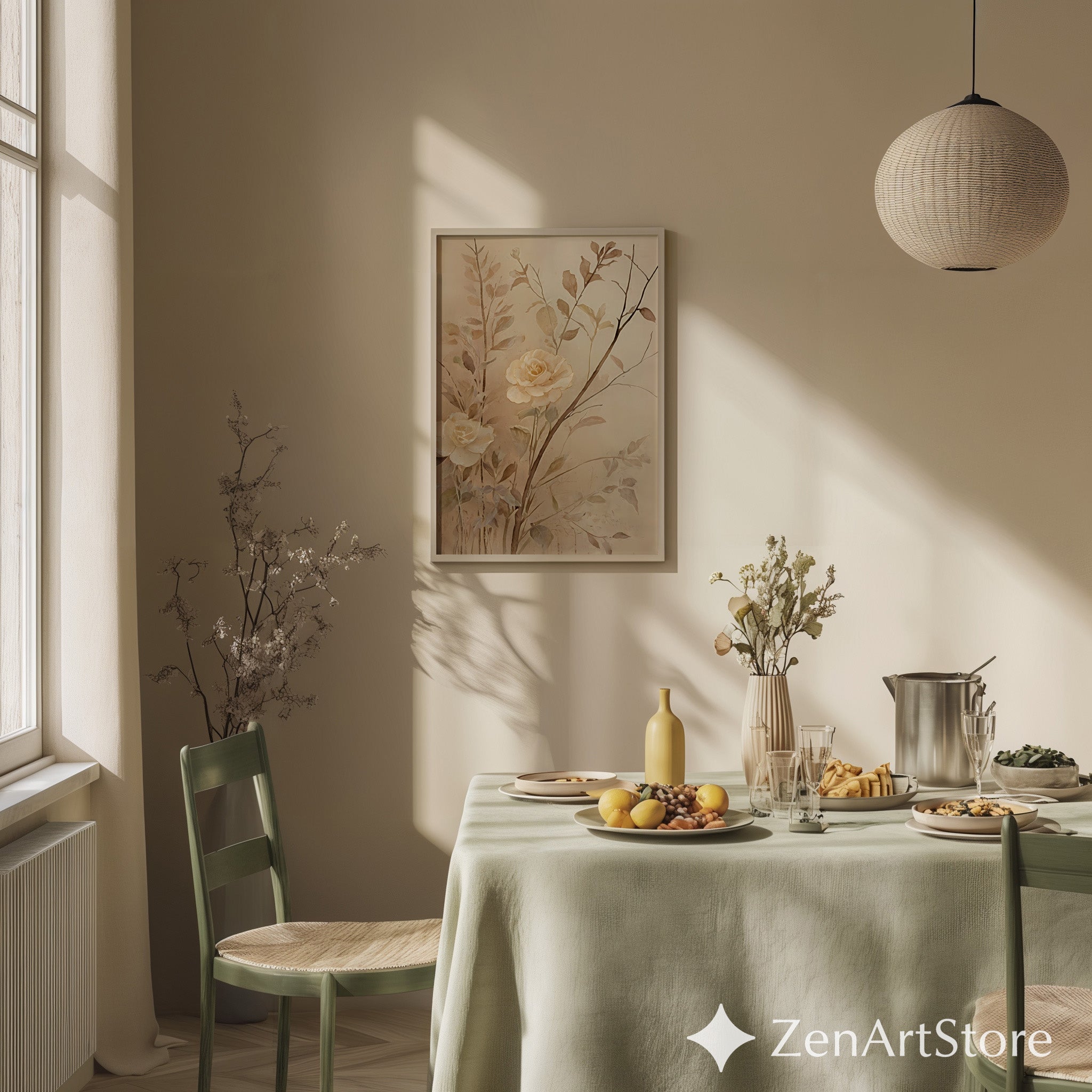 Neutral Botanical Rose Wall Art - Beige Minimalist Floral Print for Living Room, Bedroom, Japandi Wabi Sabi Home Decor