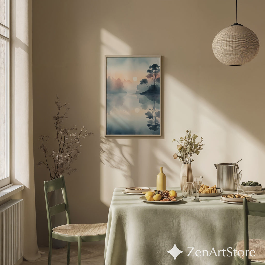 Misty Lake Sunrise Minimal Landscape Print - Calm Japandi Wall Art, Neutral Scandinavian Reflection