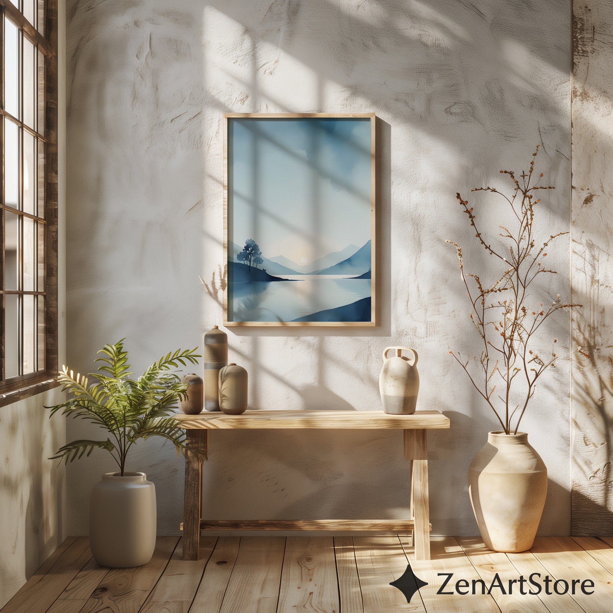 Calm Blue Lake Landscape Print - Minimal Sunrise Wall Art for Scandinavian Japandi Home Decor