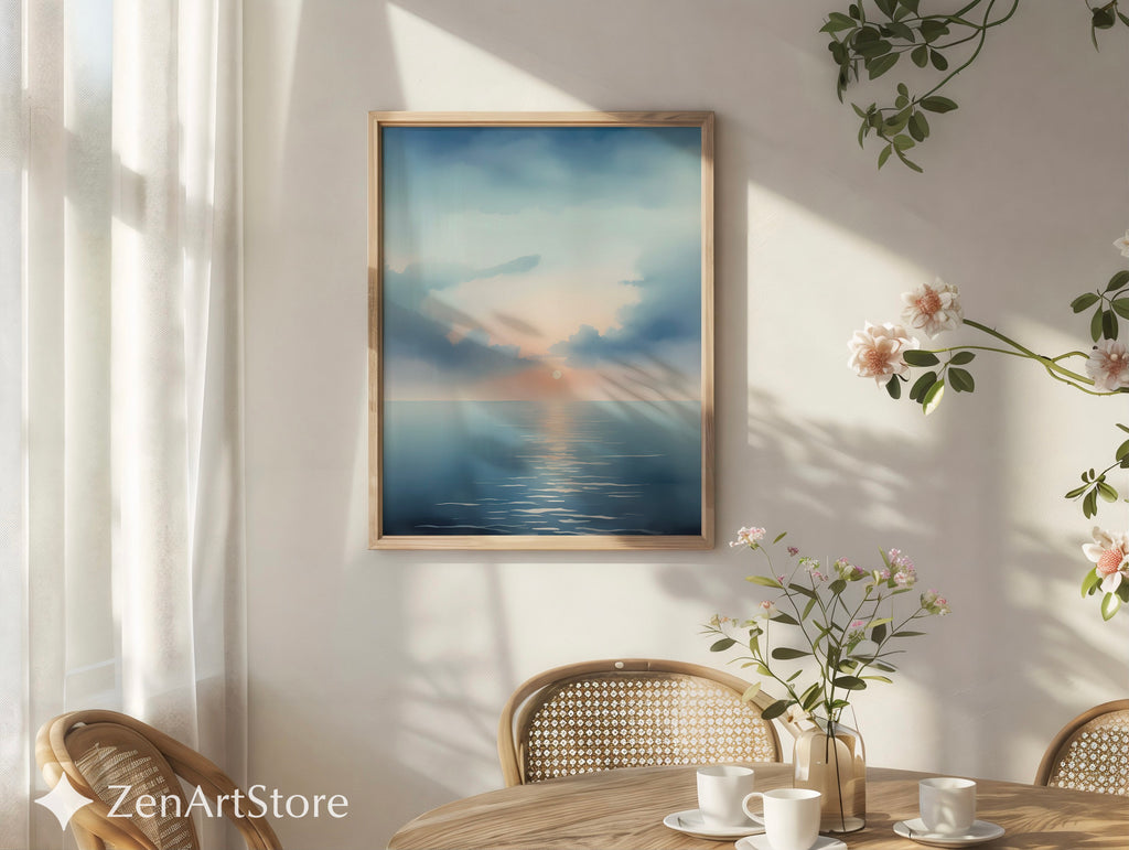 Serene Seascape Sunrise Wall Art - Minimal Ocean Print in Blue & Peach, Zen Japandi Coastal Canvas or Printable