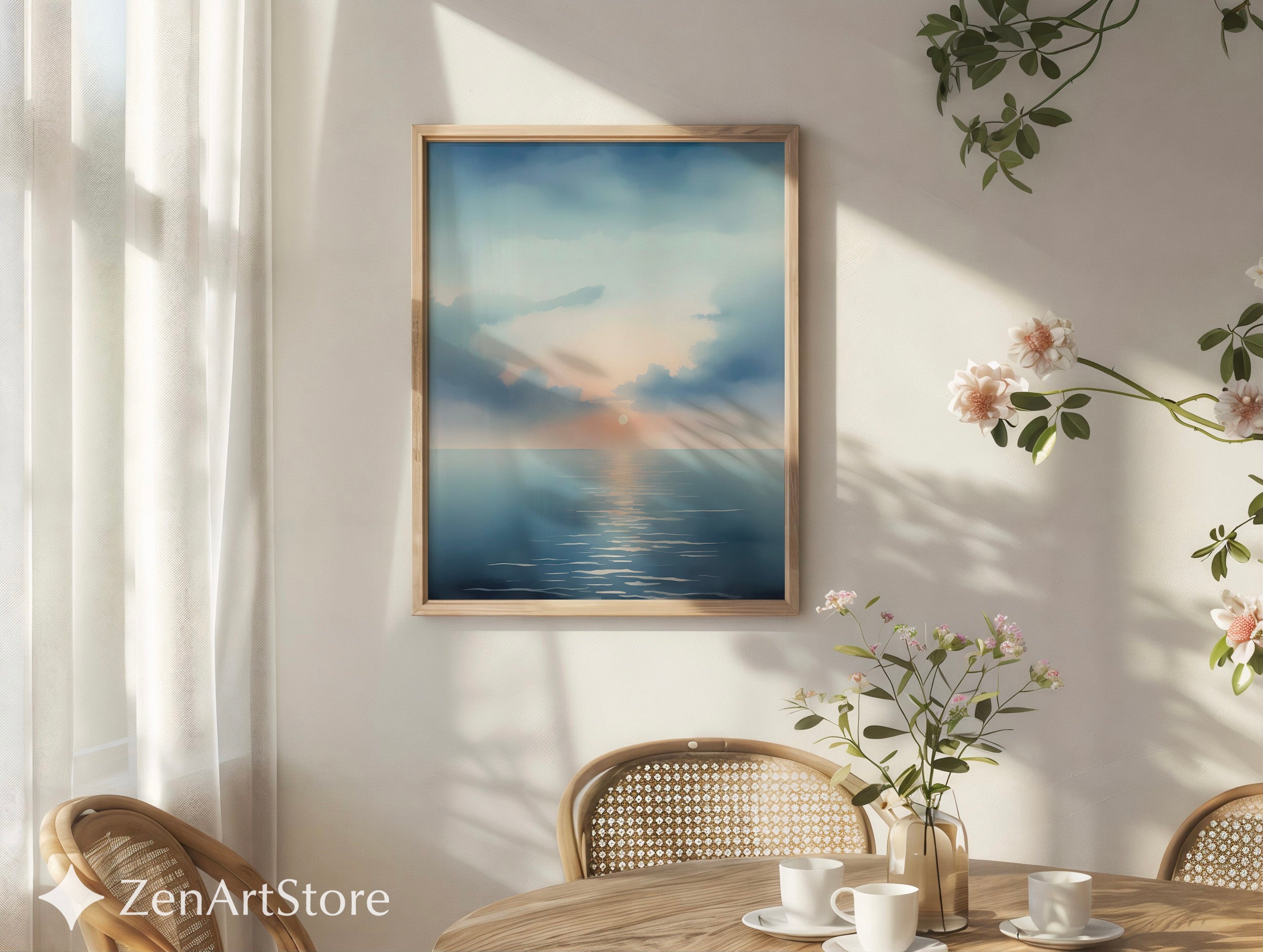 Serene Seascape Sunrise Wall Art - Minimal Ocean Print in Blue & Peach, Zen Japandi Coastal Canvas or Printable