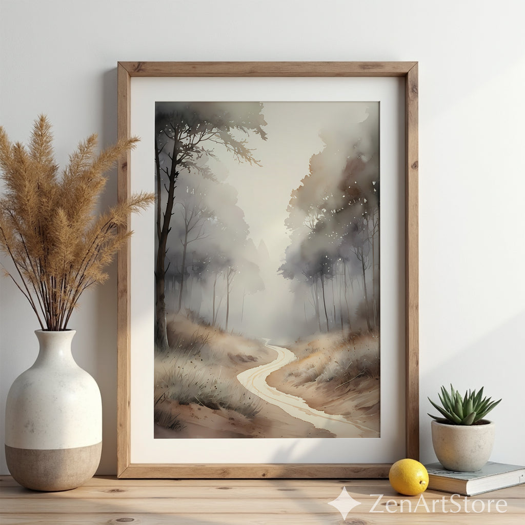 Misty Forest Path Neutral Wall Art Print - Japandi Wabi-Sabi Minimal Landscape for Living Room, Bedroom, Office