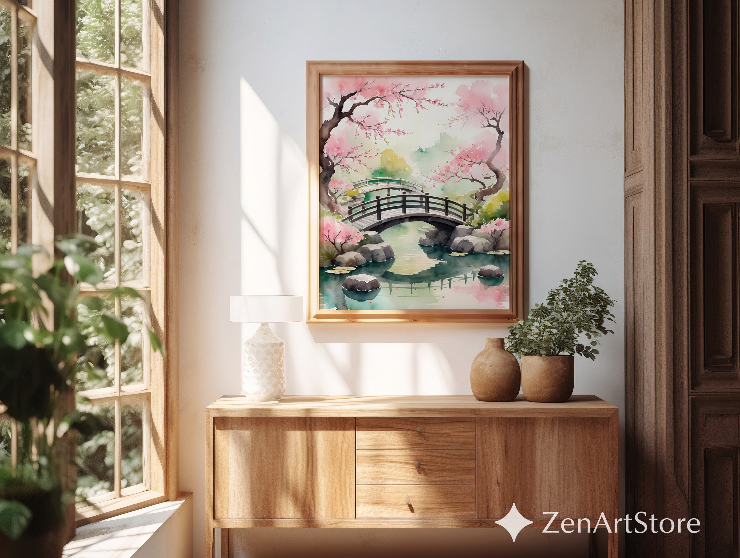 Cherry Blossom Bridge Watercolor Print - Japanese Garden Wall Art, Zen Japandi Minimalist Home Decor
