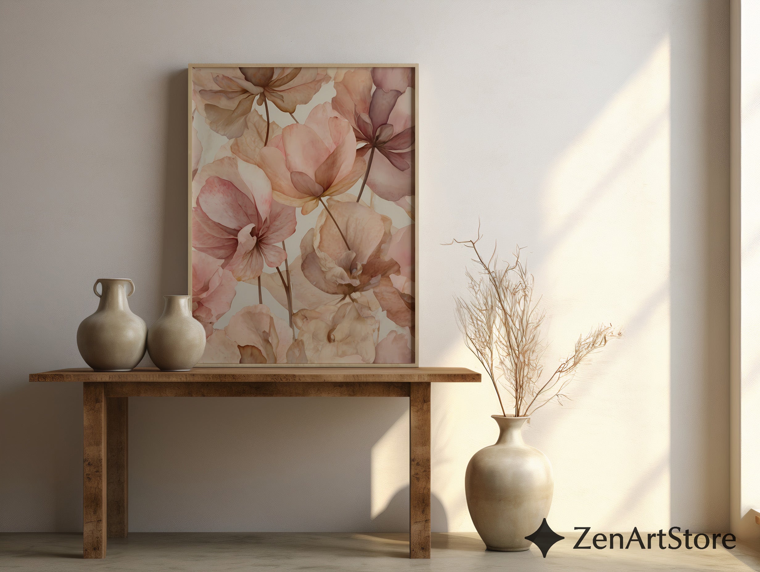 Blush Floral Wall Art Print - Soft Pink Beige Botanical Canvas for Neutral Japandi, Minimal Home Decor