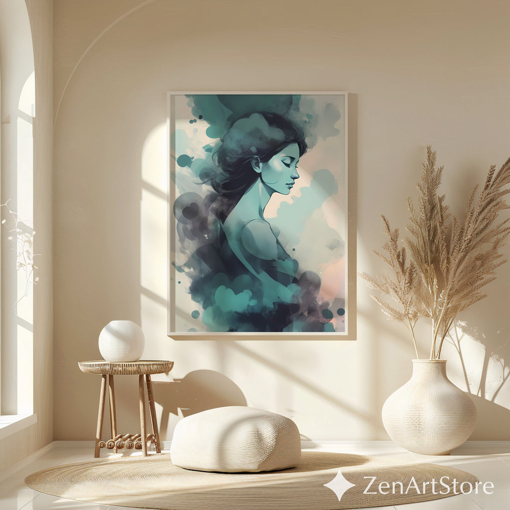Dreamy Teal Woman Abstract Portrait Art Print - Calm Minimal Wall Art for Bedroom, Living Room, Japandi & Scandinavian Decor