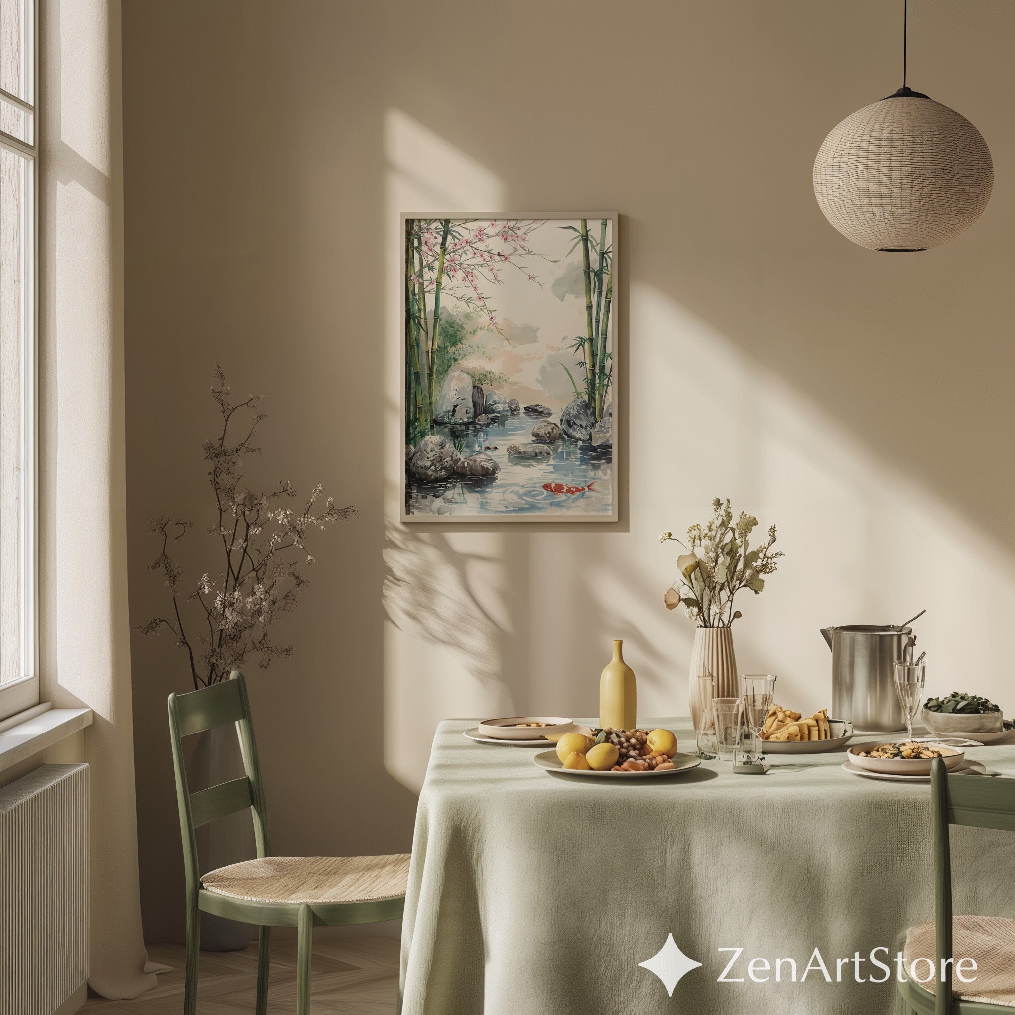 Zen Bamboo Koi Pond Watercolor Print - Japandi Wall Art with Cherry Blossoms for Calm Home Decor