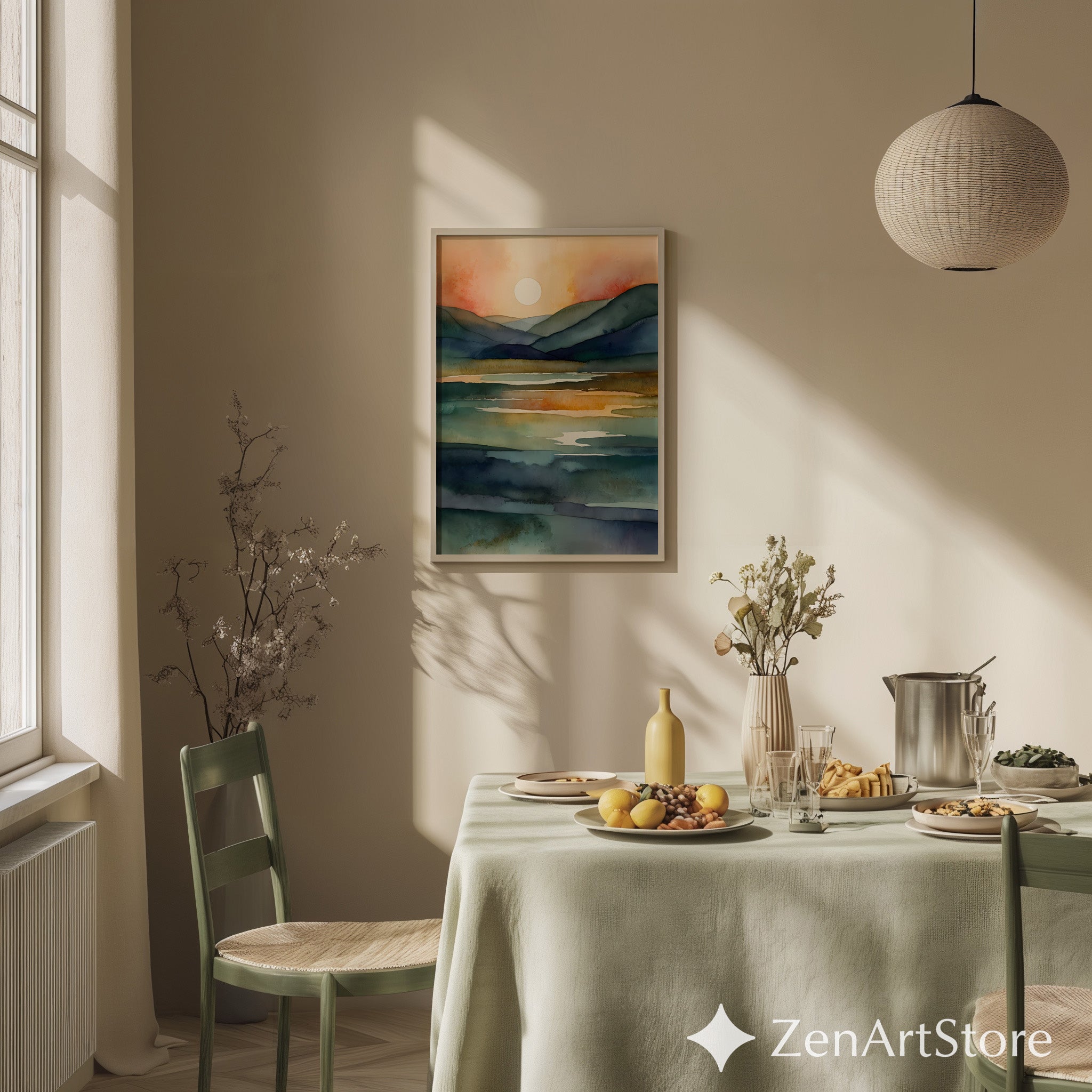 Serene Watercolor Landscape Print - Sunlit Mountains & Lake, Abstract Japandi Wall Art in Teal Blue & Warm Beige