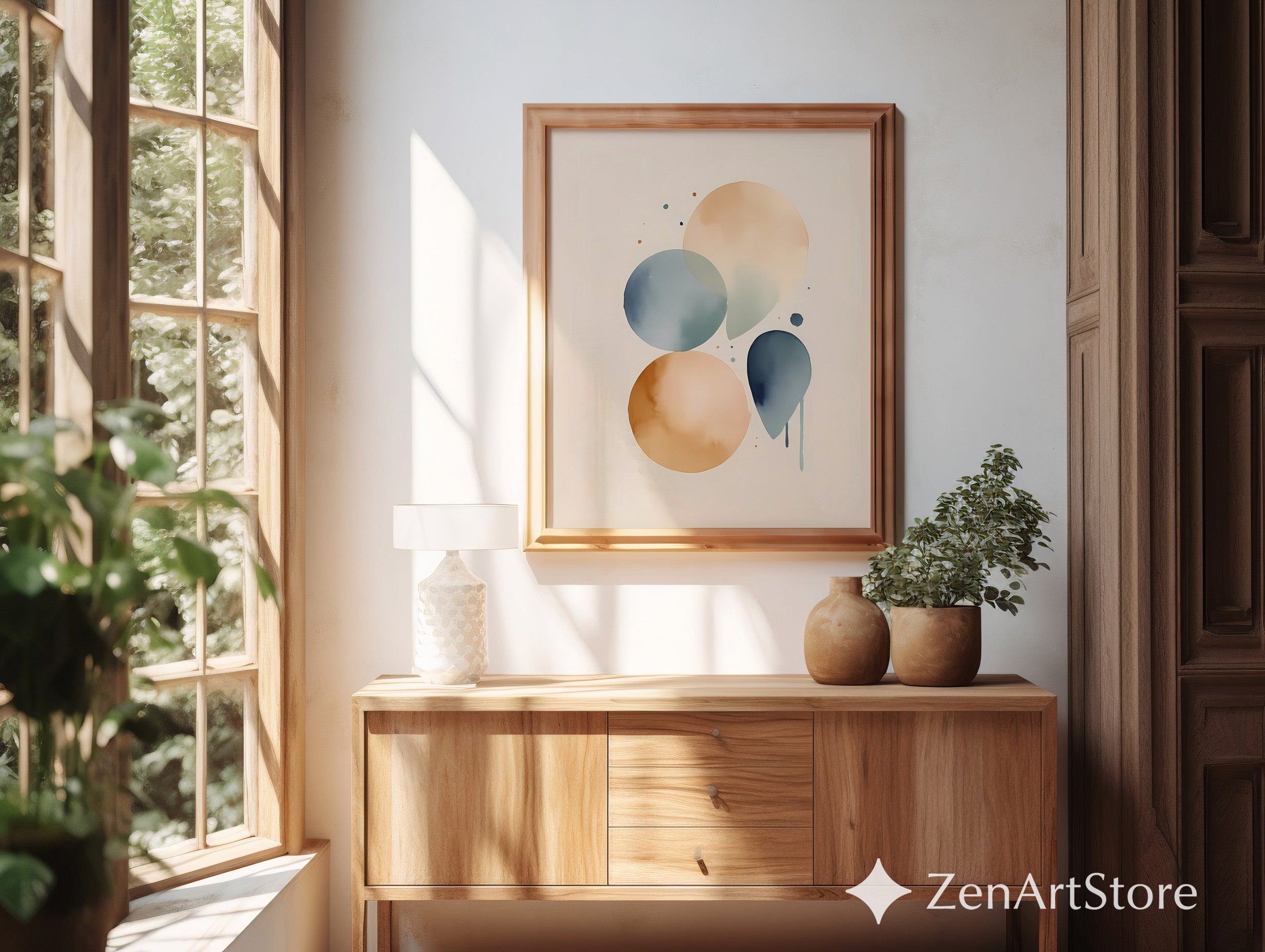 Neutral Abstract Watercolor Circles Wall Art – Minimalist Beige & Blue Modern Print for Living Room & Bedroom