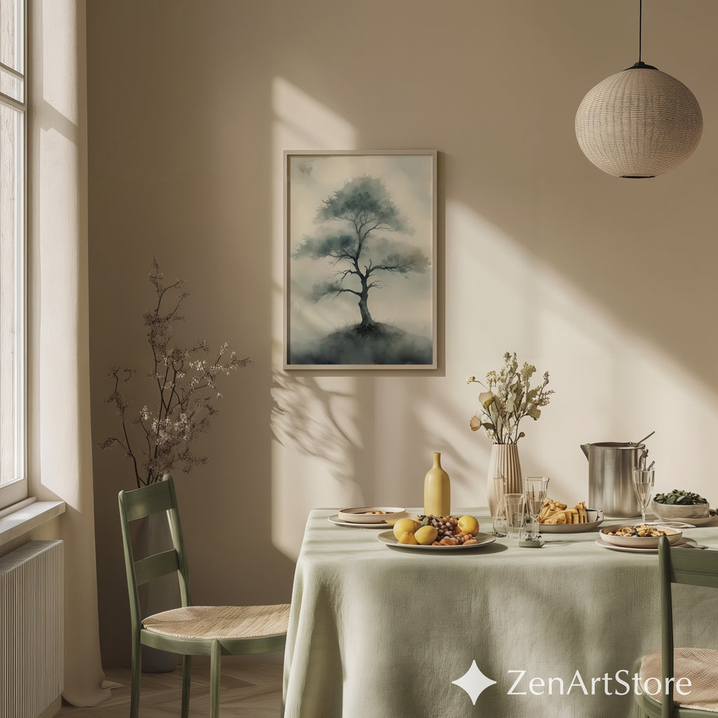Misty Tree Watercolor Print - Minimal Zen Tree Wall Art, Japandi Neutral Botanical Canvas for Living Room & Bedroom