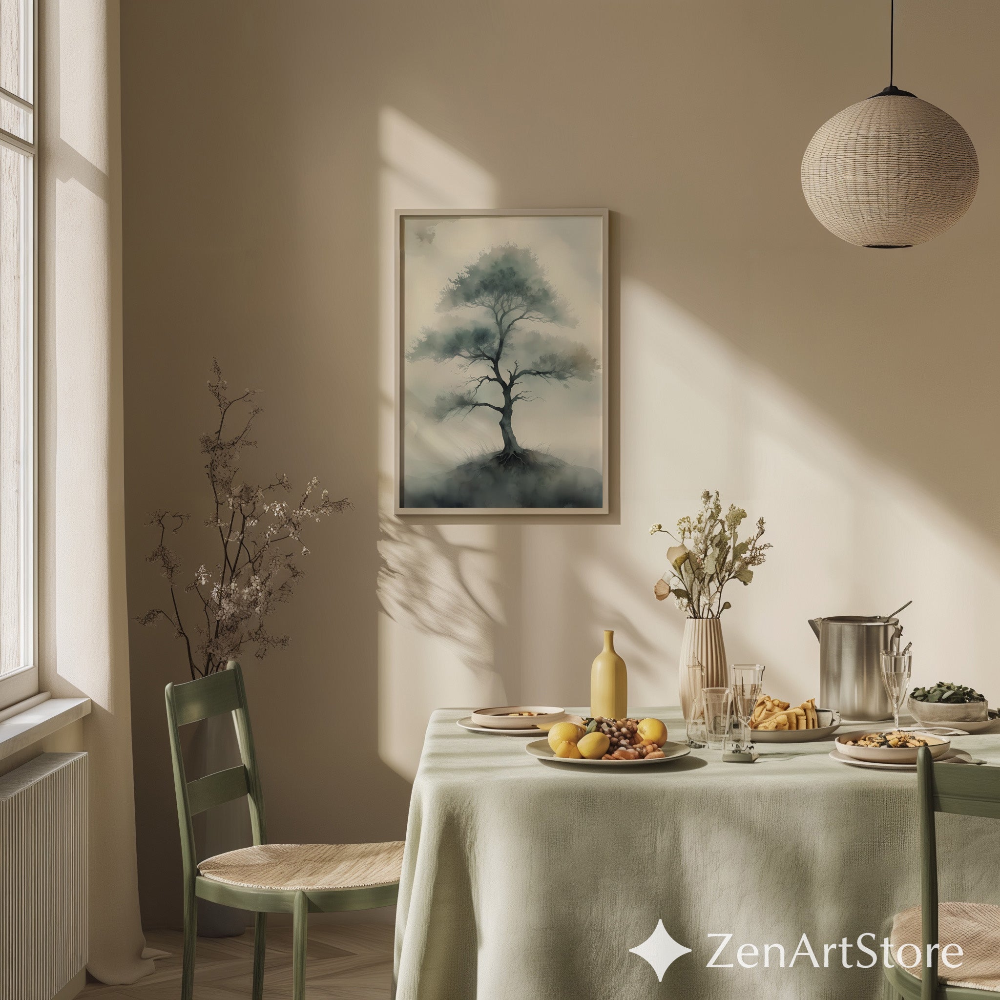 Misty Tree Watercolor Print - Minimal Zen Tree Wall Art, Japandi Neutral Botanical Canvas for Living Room & Bedroom