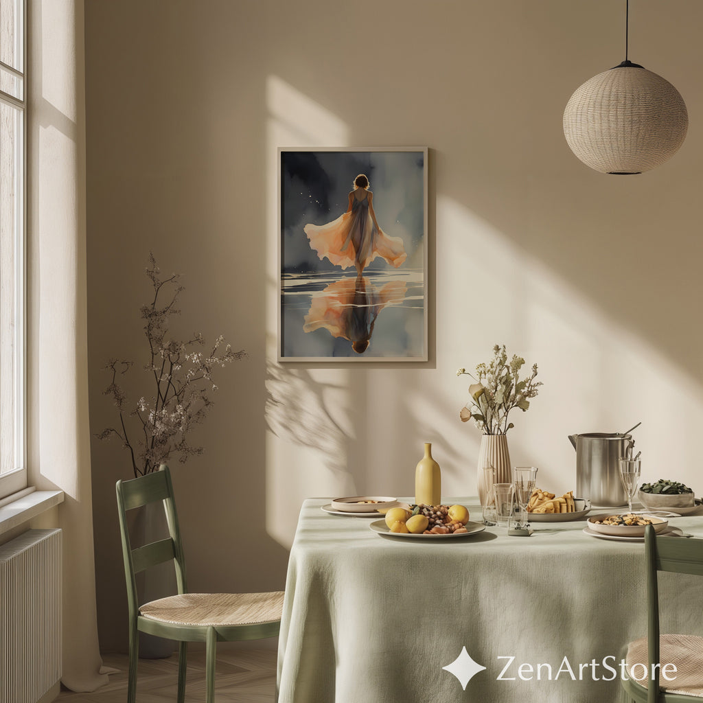 Ethereal Woman Walking on Water Art Print - Peach Reflection Minimal Zen Wall Art for Bedroom & Living Room