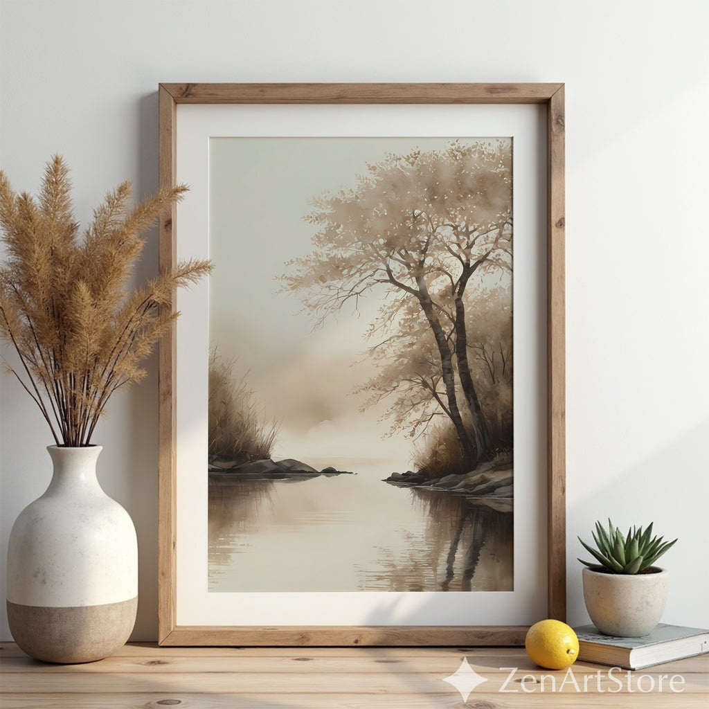 Serene Sepia Lake Landscape Print – Minimal Japandi Wabi Sabi Wall Art, Neutral Brown Beige Canvas or Digital Download