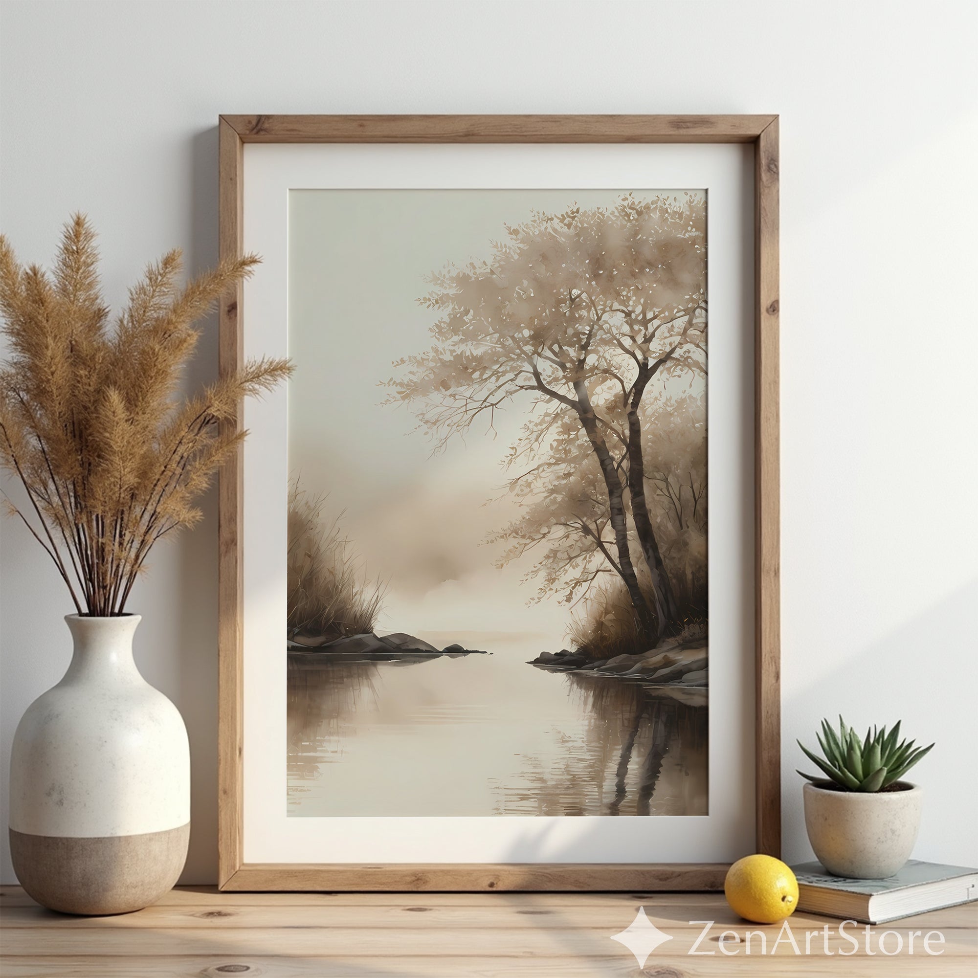 Serene Sepia Lake Landscape Print – Minimal Japandi Wabi Sabi Wall Art, Neutral Brown Beige Canvas or Digital Download