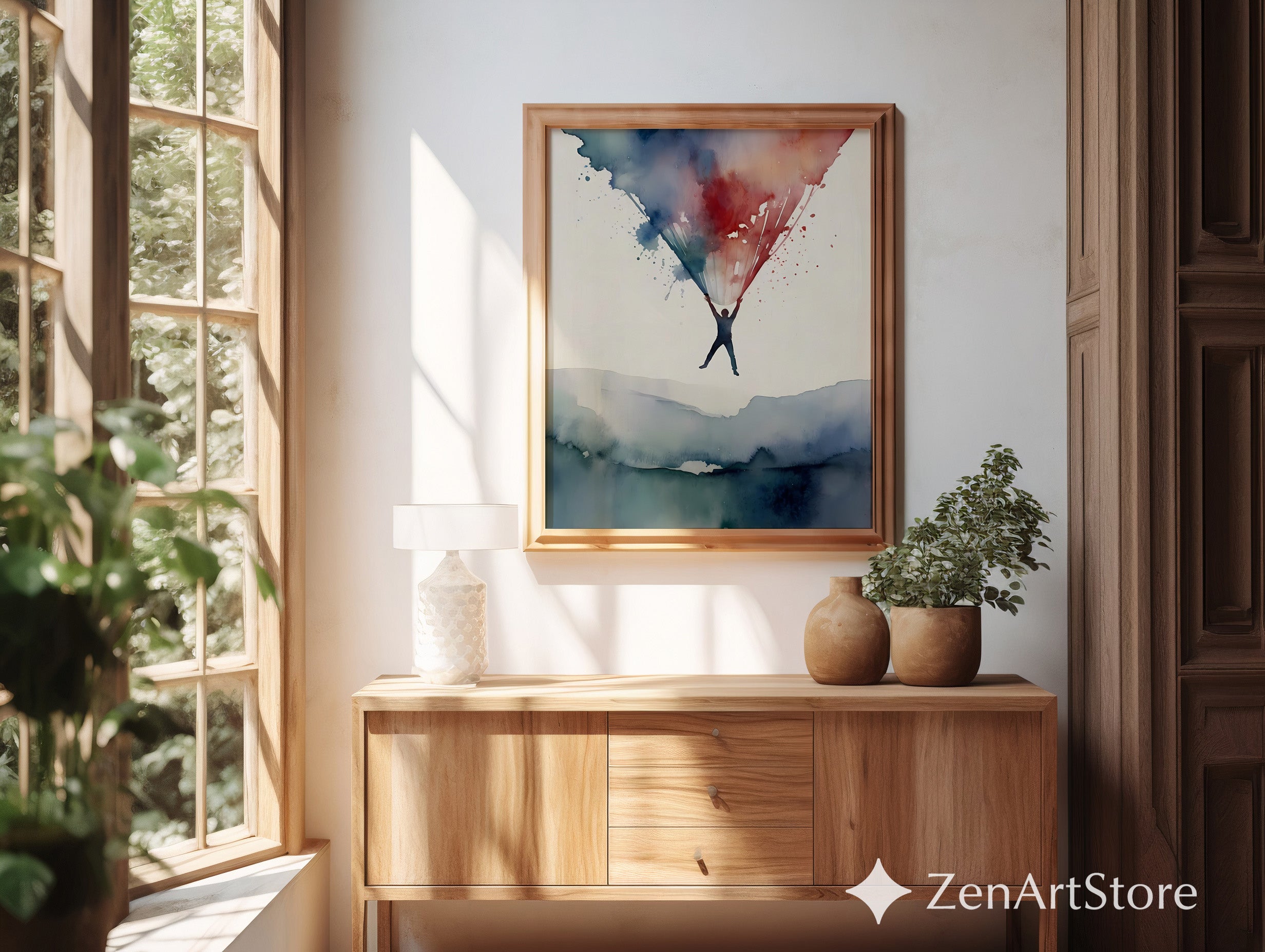 Abstract Watercolor Print - Suspended Figure with Blue & Red Splash, Minimal Modern Wall Art for Living Room Zen Decor