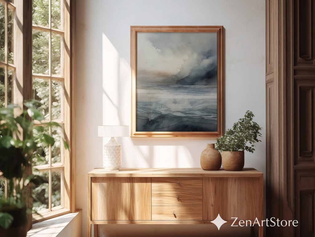 Neutral Abstract Seascape Wall Art - Minimal Coastal Watercolor Print, Calm Japandi Wabi Sabi Landscape for Living Room