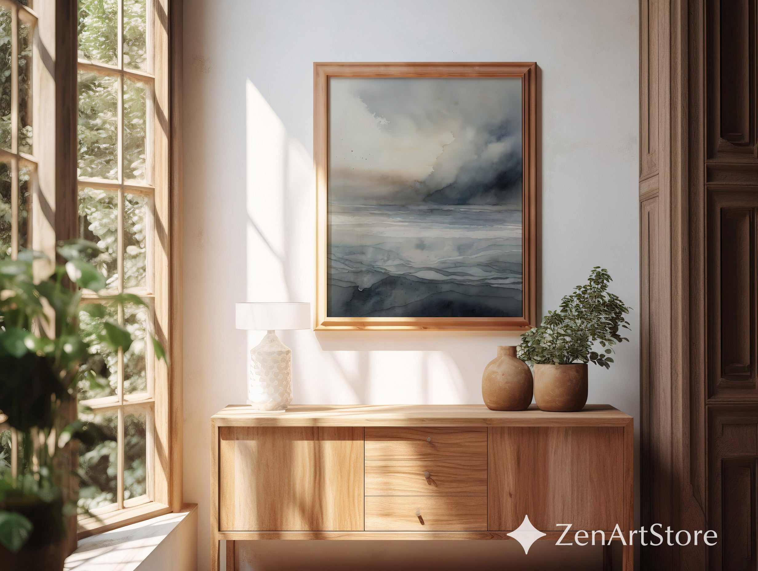 Neutral Abstract Seascape Wall Art - Minimal Coastal Watercolor Print, Calm Japandi Wabi Sabi Landscape for Living Room