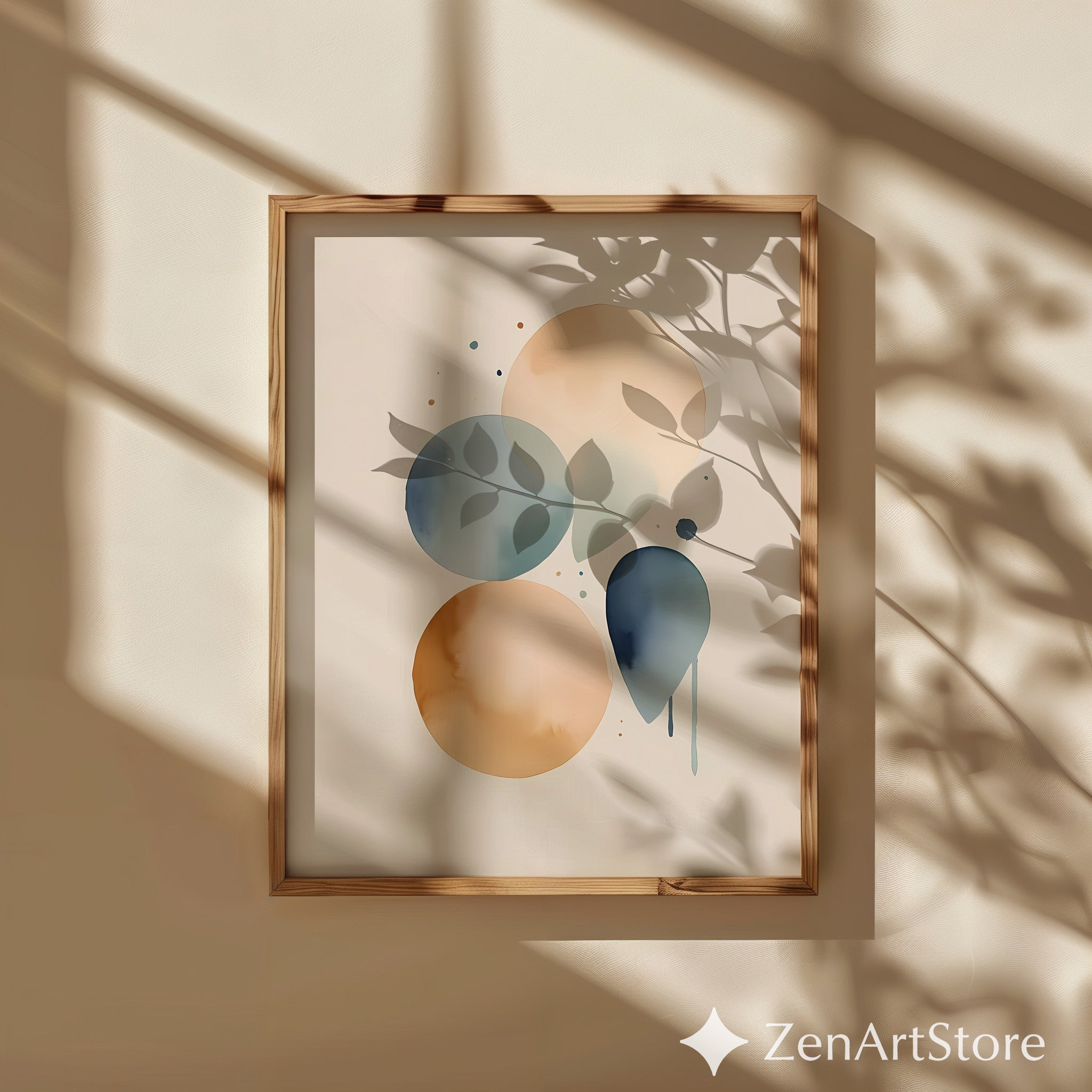 Neutral Abstract Watercolor Circles Wall Art – Minimalist Beige & Blue Modern Print for Living Room & Bedroom