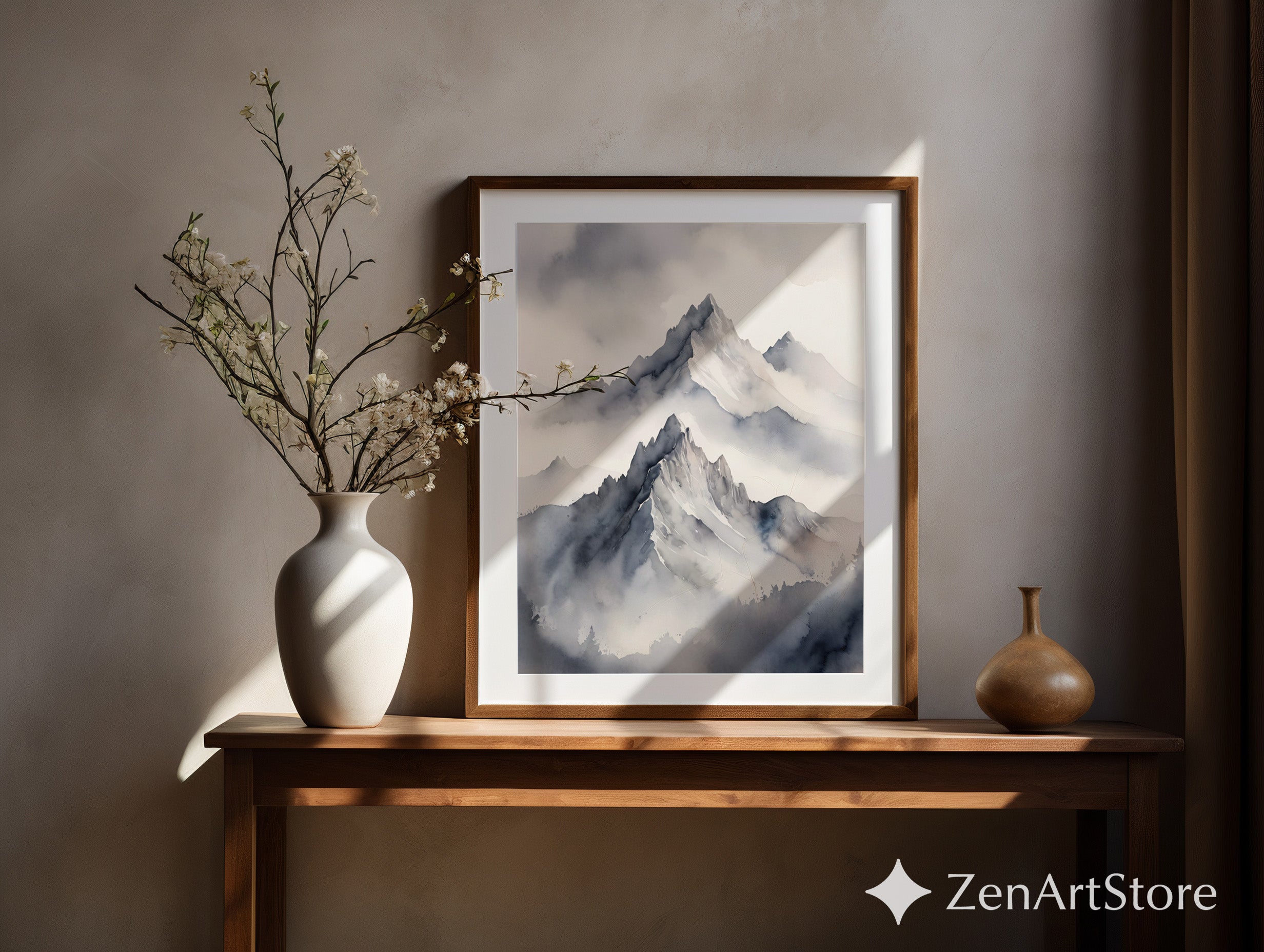 Misty Mountain Watercolor Print - Minimal Neutral Mountain Wall Art, Zen Japandi Scandinavian Landscape for Calm Home Decor