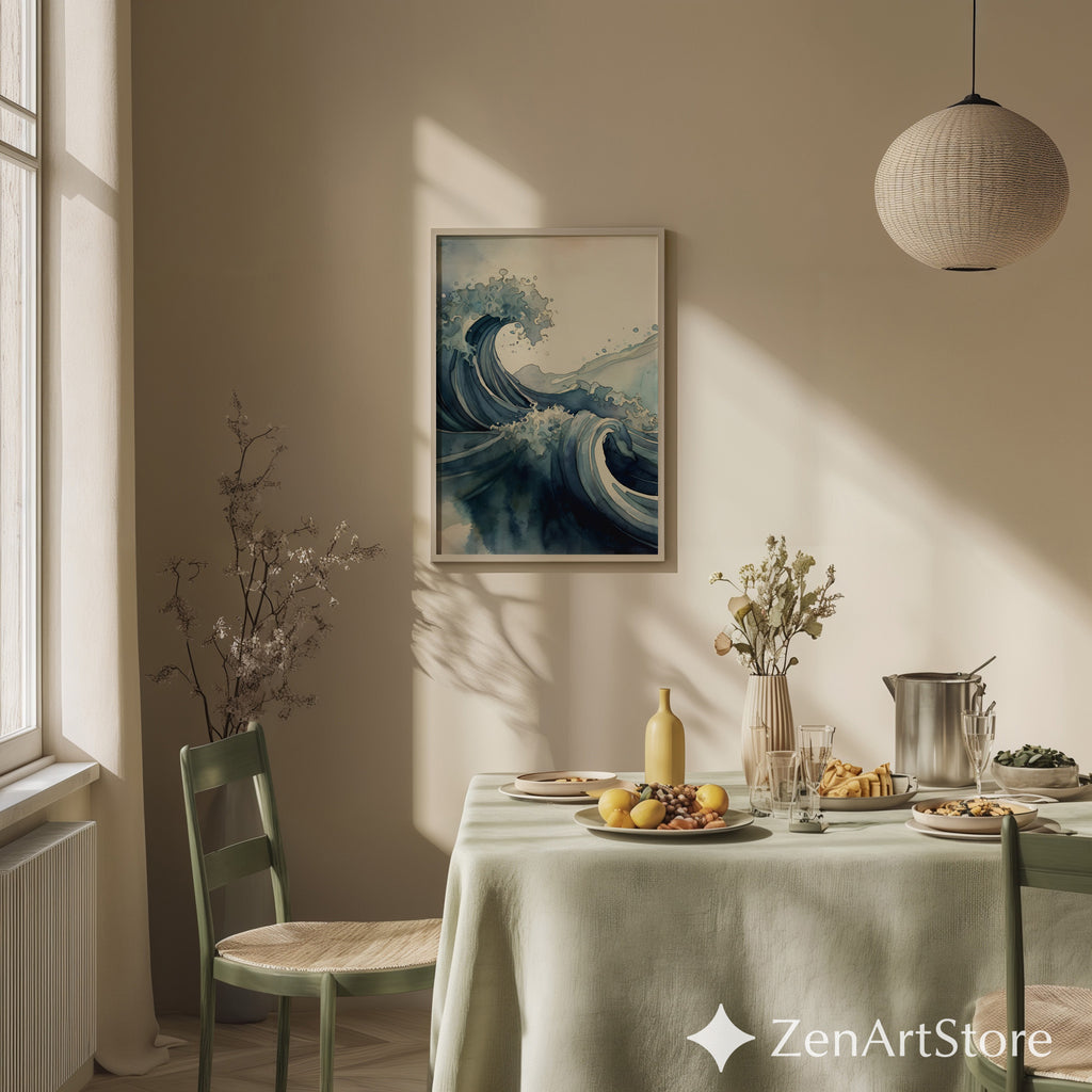 Blue Wave Art Print - Minimal Japanese Wave Abstract, Zen Japandi Coastal Home Decor, Indigo Seascape Wall Art