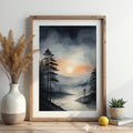 Misty Forest Sunrise Wall Art - Minimal Neutral Landscape Print, Japandi Wabi Sabi Lake Reflection for Living Room