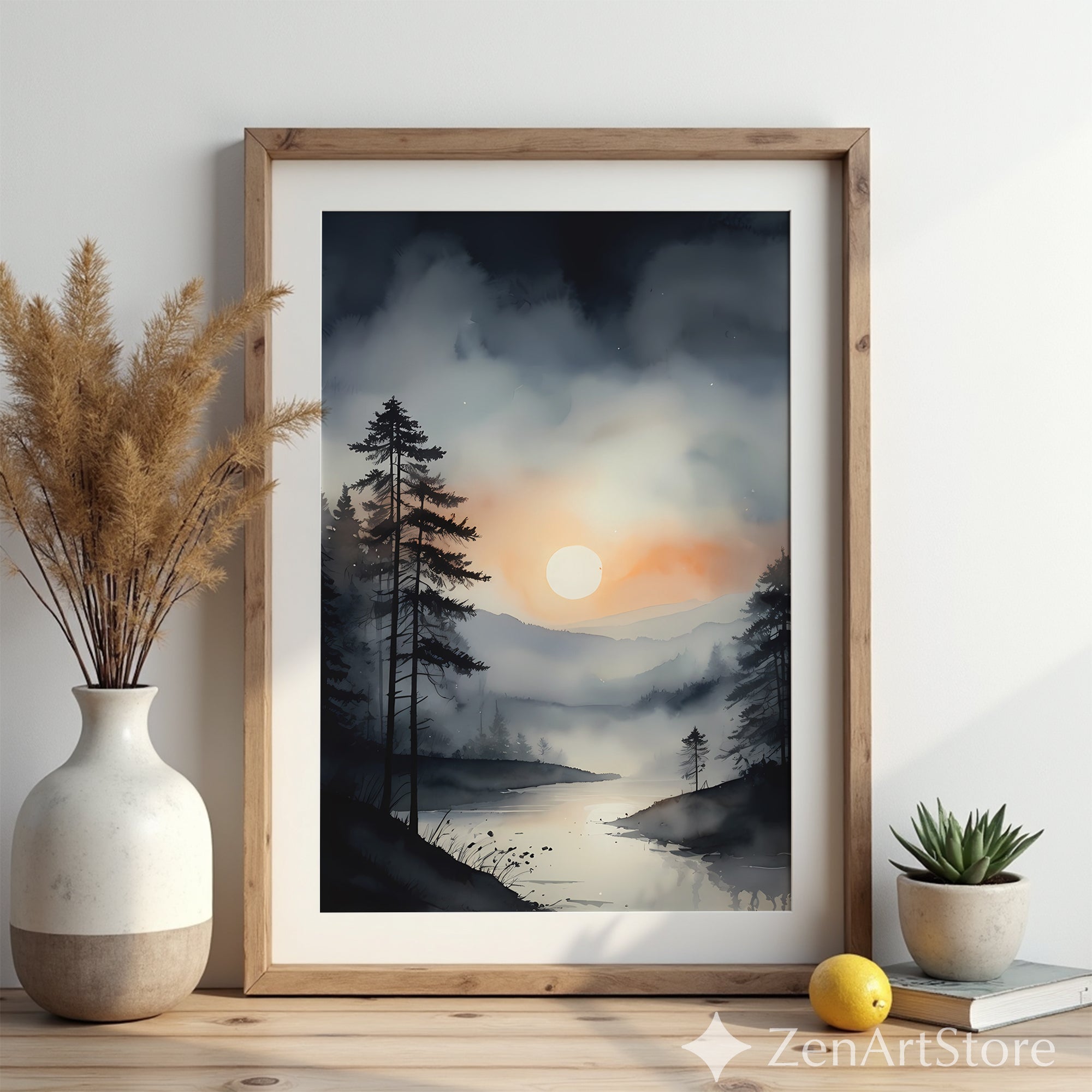 Misty Forest Sunrise Wall Art - Minimal Neutral Landscape Print, Japandi Wabi Sabi Lake Reflection for Living Room