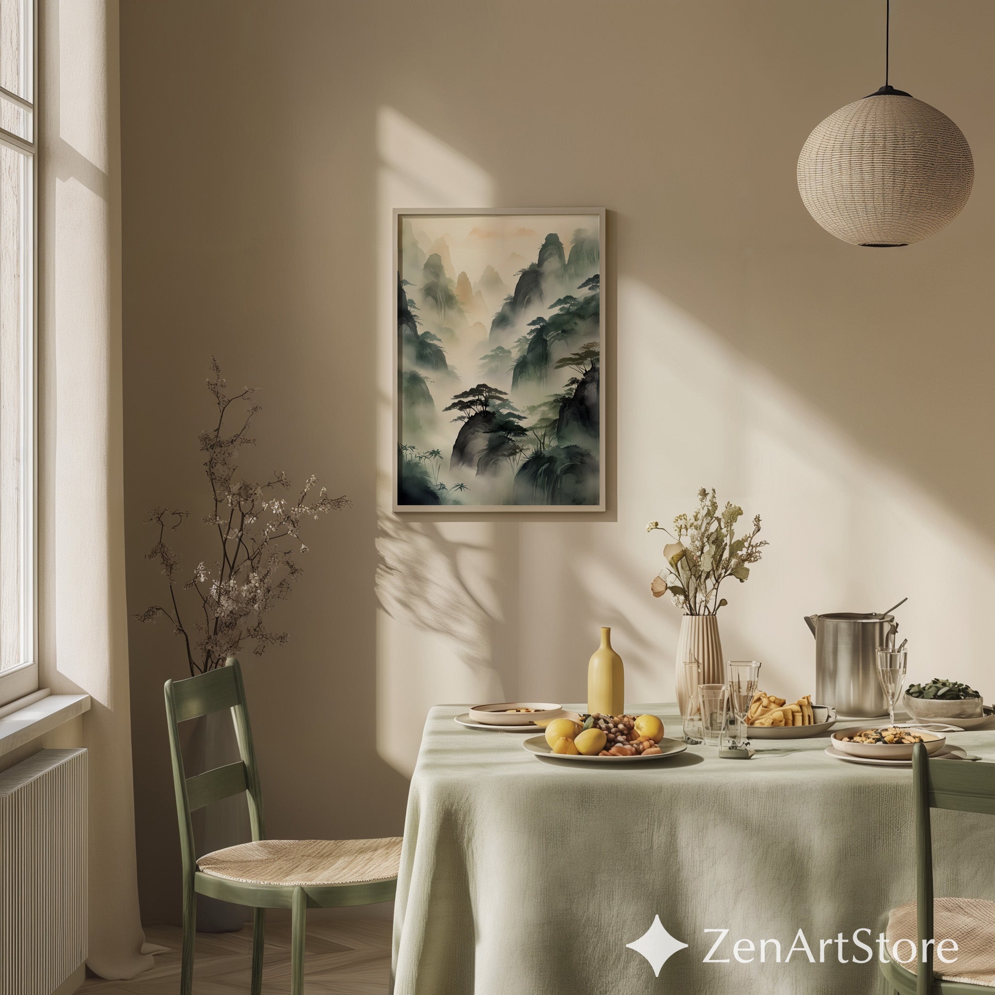 Misty Mountain Landscape Print - Zen Ink-Wash Wall Art for Living Room Japandi Neutral Home Decor