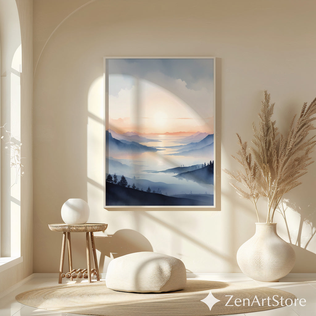 Misty Mountain Sunrise Wall Art Print - Calm Japandi Landscape Minimal Zen Home Decor