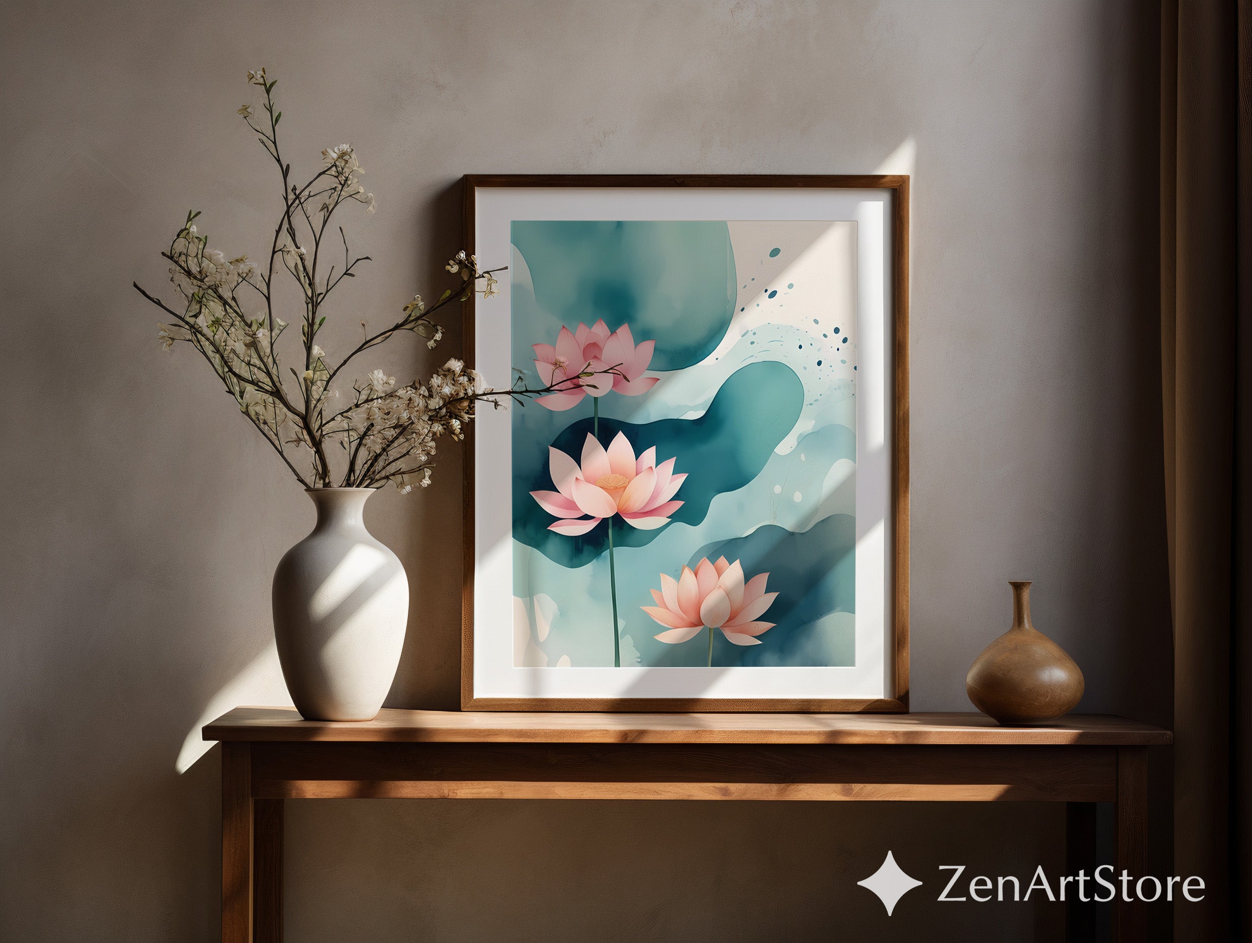 Serene Pink Lotus Watercolor Wall Art - Zen Botanical Print for Living Room, Japandi Minimal Home Decor, Spa Canvas or Printable