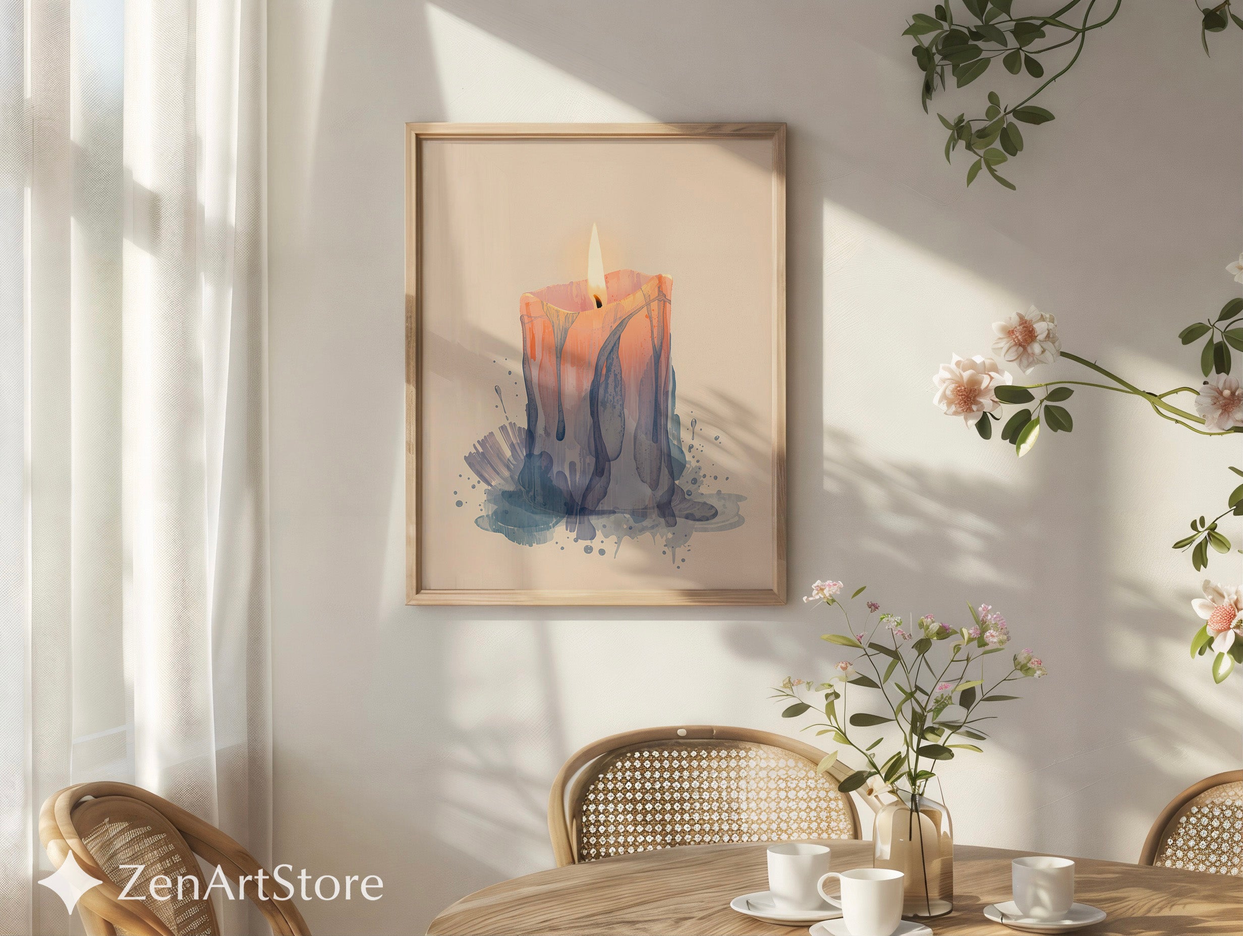 Melting Candle Minimal Art Print - Wabi Sabi Japandi Neutral Wall Decor, Beige Blue Abstract Candle Painting