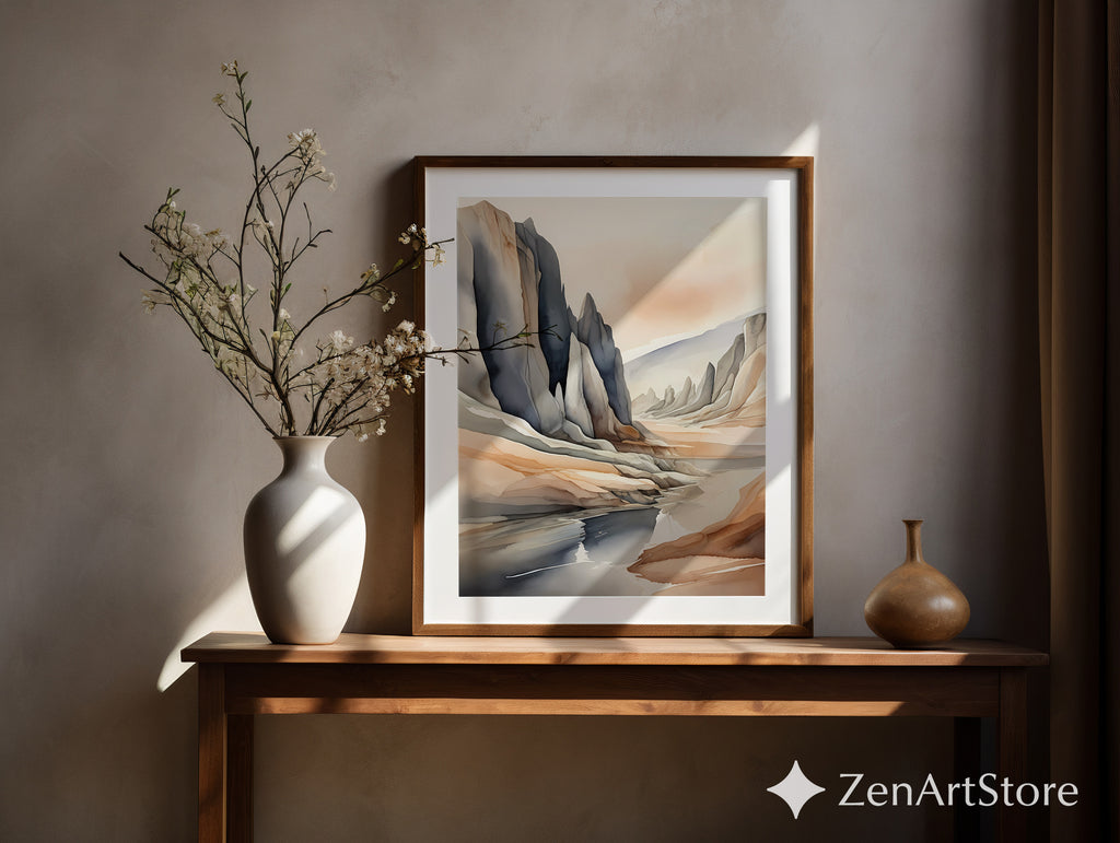 Neutral Abstract Landscape Art Print — Japandi Minimalist Mountain Wall Art, Beige & Slate Home Decor