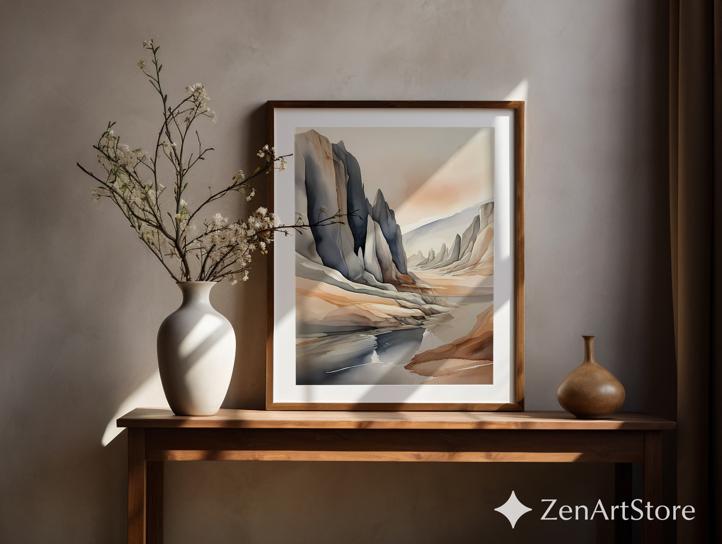 Neutral Abstract Landscape Art Print — Japandi Minimalist Mountain Wall Art, Beige & Slate Home Decor