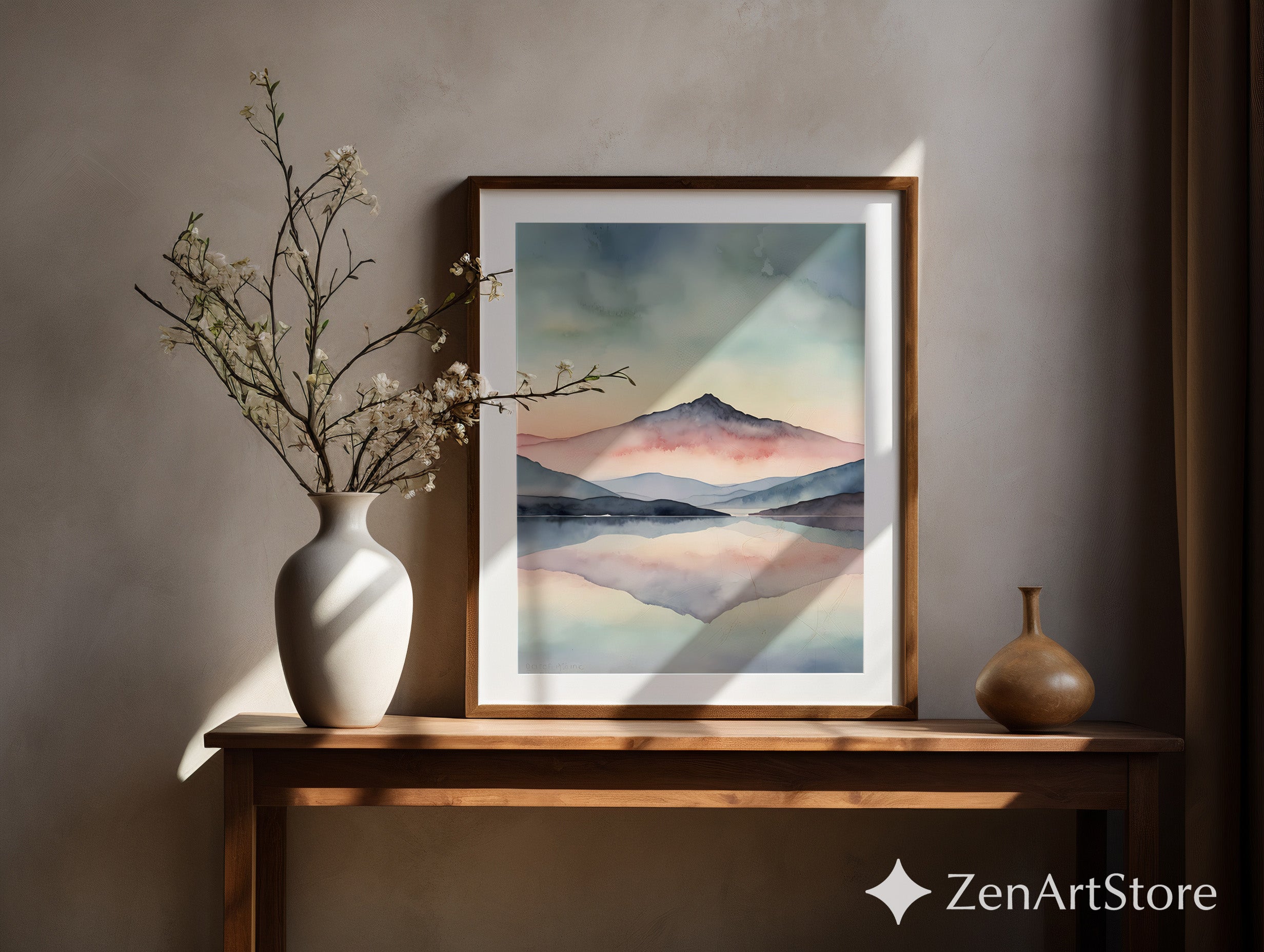 Pastel Mountain Watercolor Print - Calming Landscape Wall Art for Living Room, Zen Minimal Japandi Home Decor
