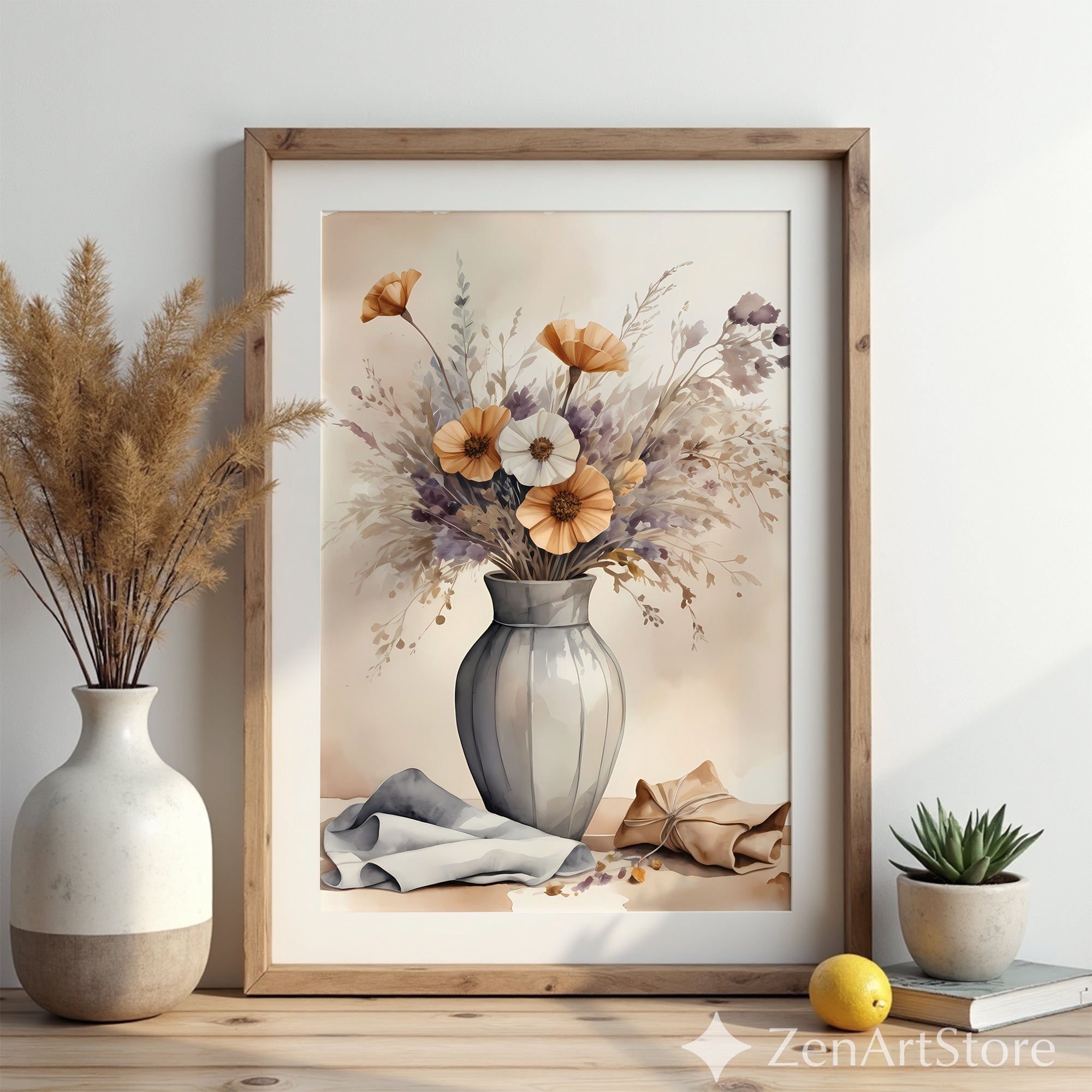 Neutral Floral Wall Art Print - Beige Botanical Watercolor Vase, Japandi Minimal Home Decor, Modern Scandinavian Still Life