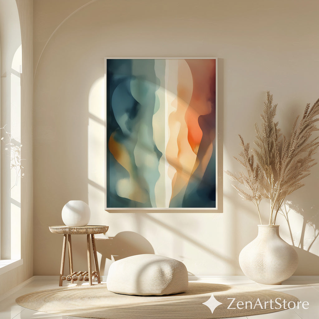 Abstract Fluid Wall Art Print - Calm Teal, Beige & Orange Minimalist Modern Home Decor, Japandi Wabi Sabi
