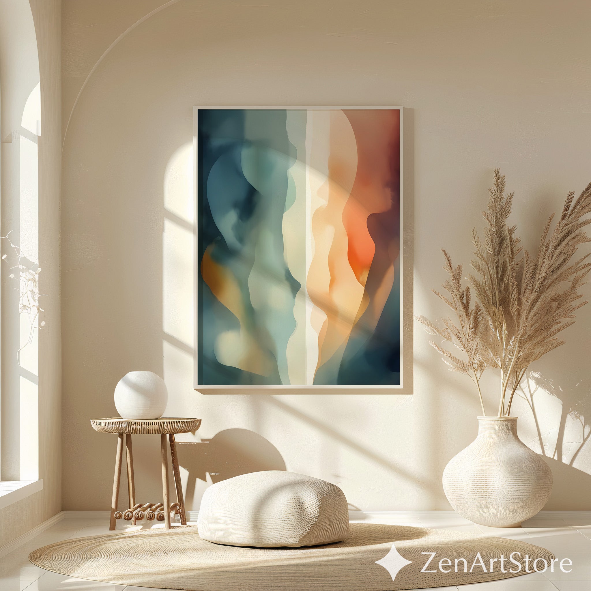 Abstract Fluid Wall Art Print - Calm Teal, Beige & Orange Minimalist Modern Home Decor, Japandi Wabi Sabi
