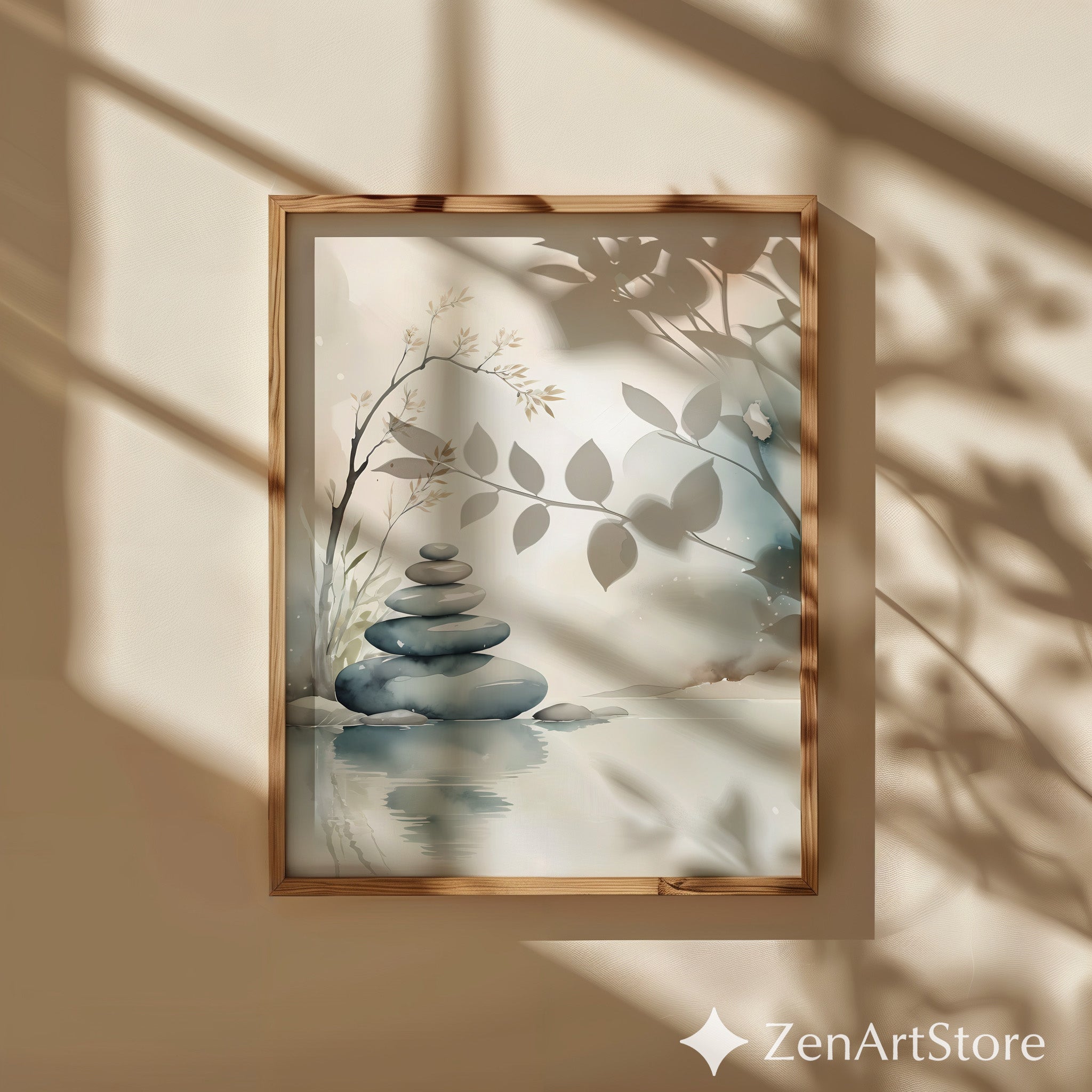 Zen Stones Watercolor Print - Minimal Neutral Wall Art for Spa, Meditation & Japandi Home Decor