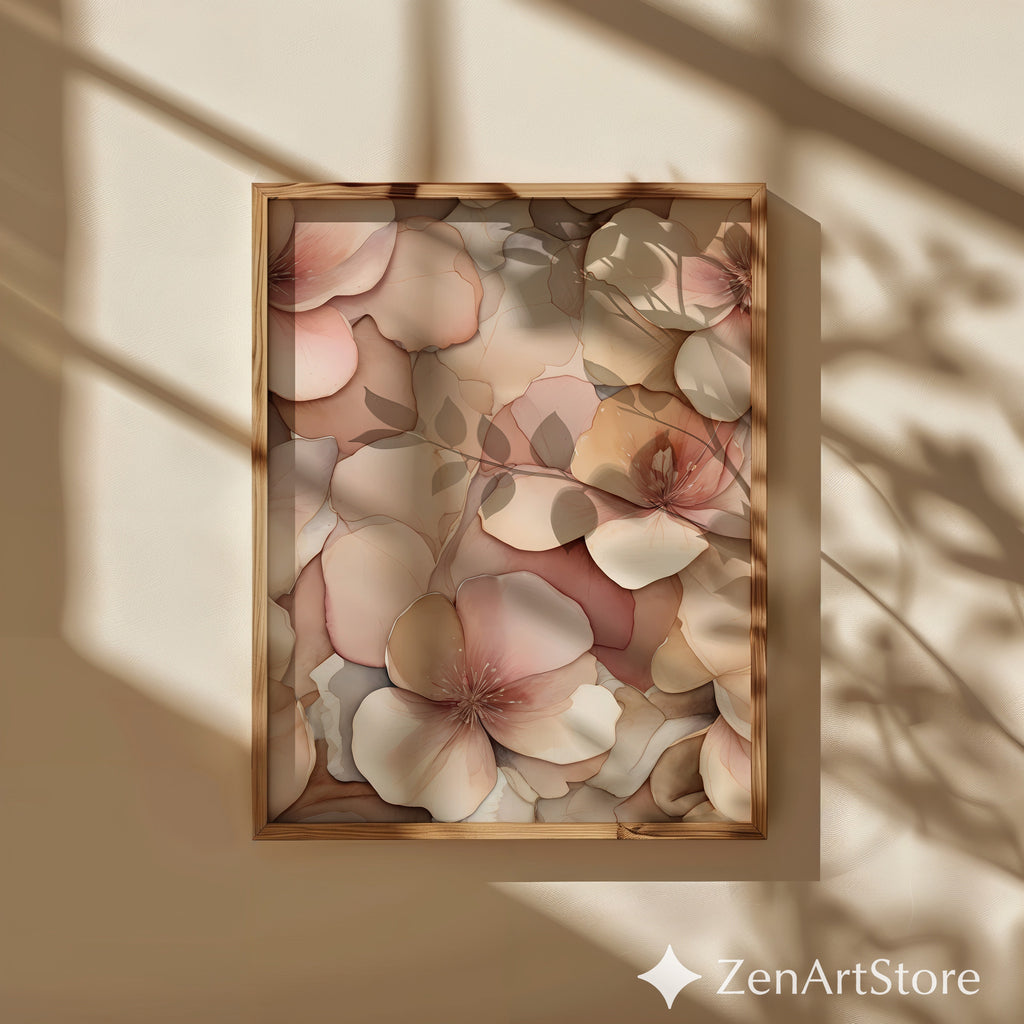 Blush Neutral Floral Wall Art - Soft Peach Botanical Print, Minimal Japandi Canvas for Living Room & Bedroom