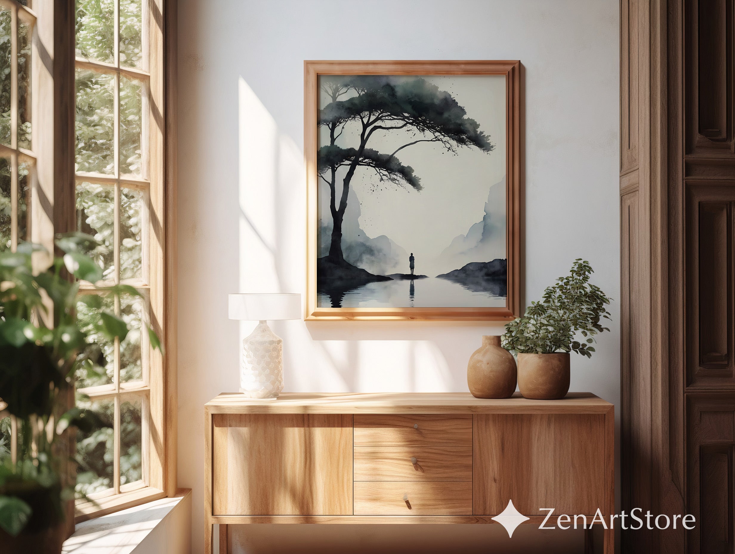 Misty Sumi-e Landscape Print - Zen Minimalist Tree & Solitary Figure Japandi Neutral Wall Art