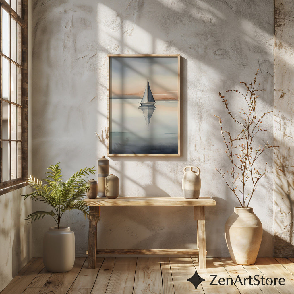 Minimal Sailboat Wall Art - Calm Coastal Watercolor Print, Scandinavian Japandi Neutral Seascape for Living Room & Bedroom
