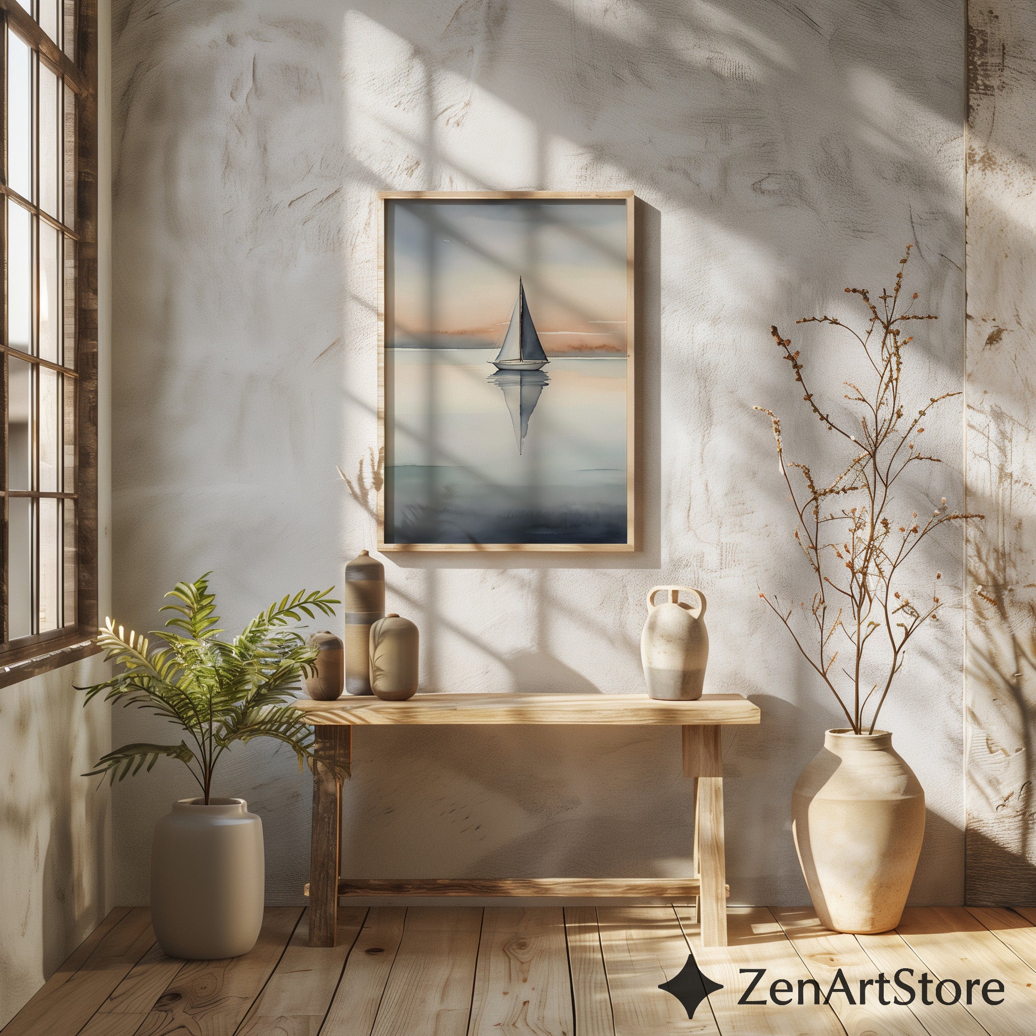 Minimal Sailboat Wall Art - Calm Coastal Watercolor Print, Scandinavian Japandi Neutral Seascape for Living Room & Bedroom