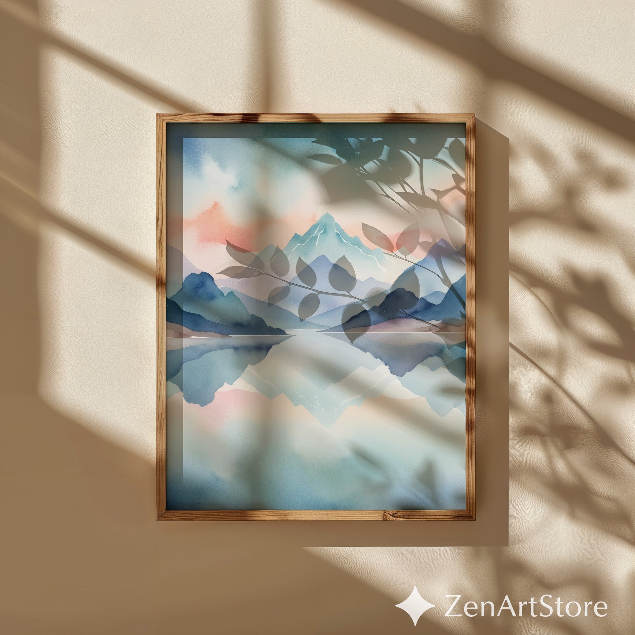 Pastel Watercolor Mountain Print - Calming Lake Reflection Wall Art for Living Room, Bedroom, Nursery - Minimal Japandi Home Decor