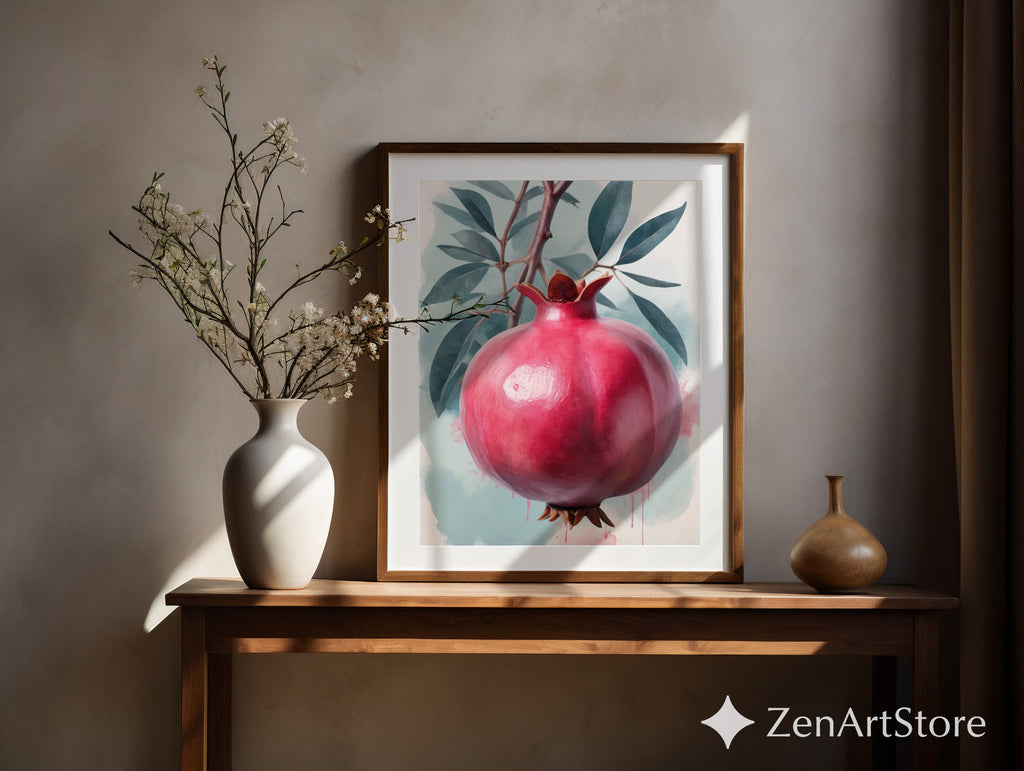 Pomegranate Wall Art Print - Botanical Fruit Still Life, Modern Minimalist Kitchen & Dining Decor, Japandi Wabi Sabi Scandi Style