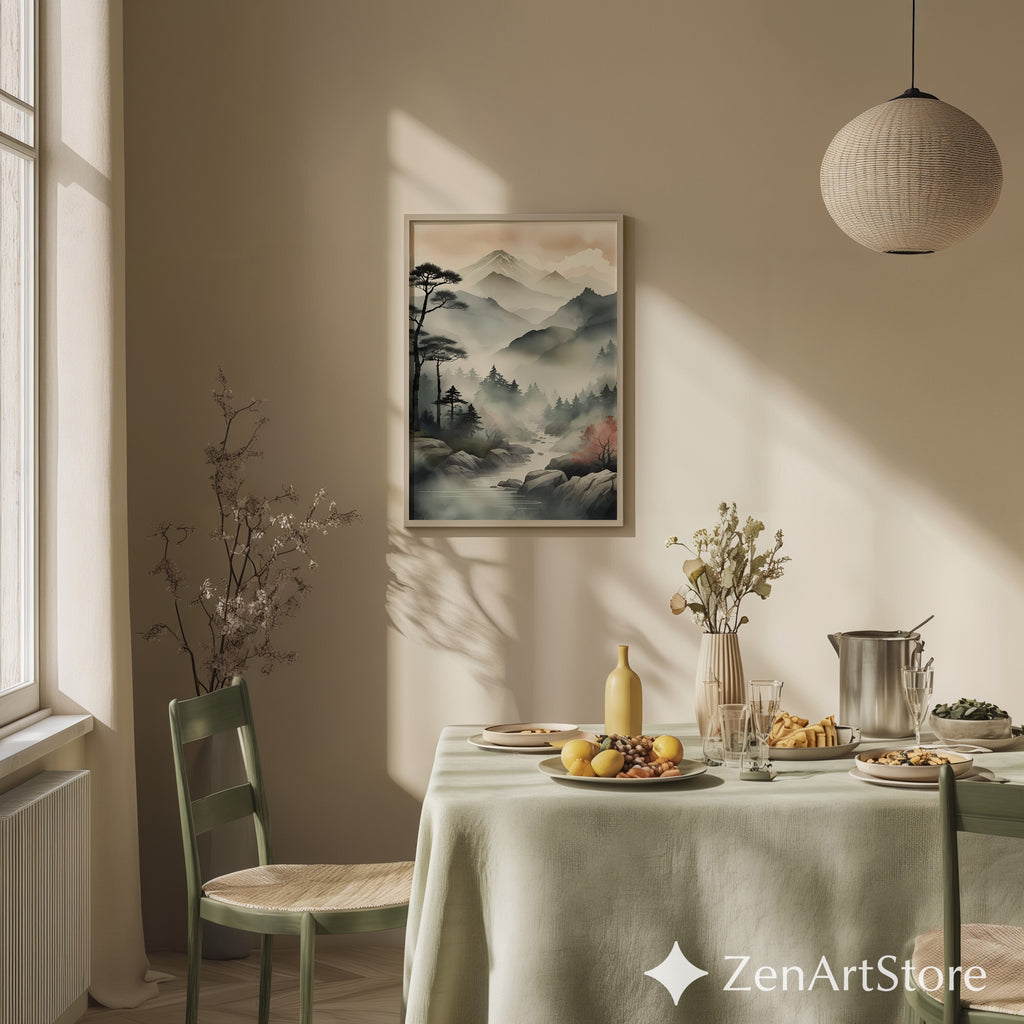 Zen Japanese Mountain Mist Printable Wall Art - Minimal Sumi-e Landscape for Calm Home