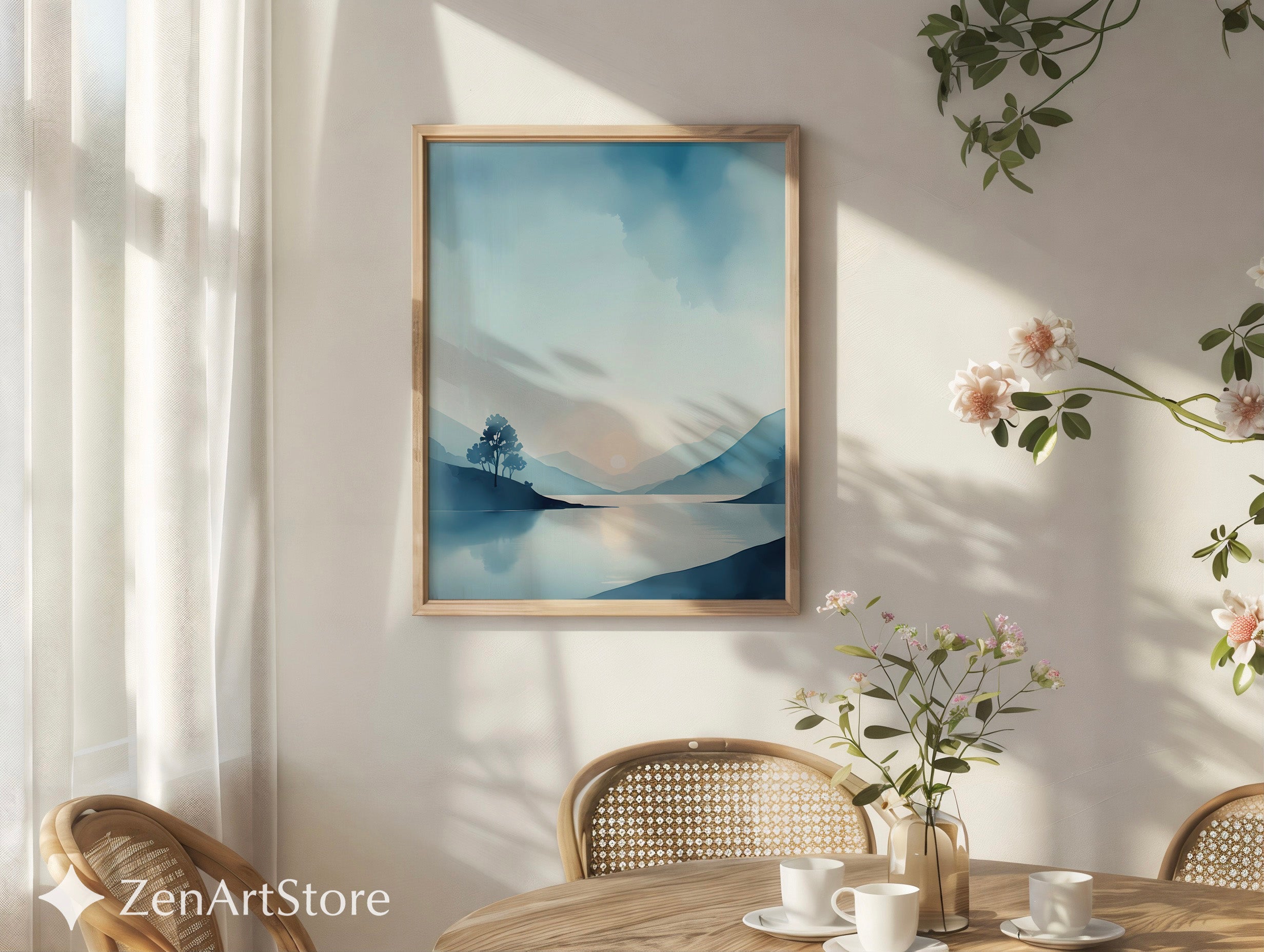 Calm Blue Lake Landscape Print - Minimal Sunrise Wall Art for Scandinavian Japandi Home Decor